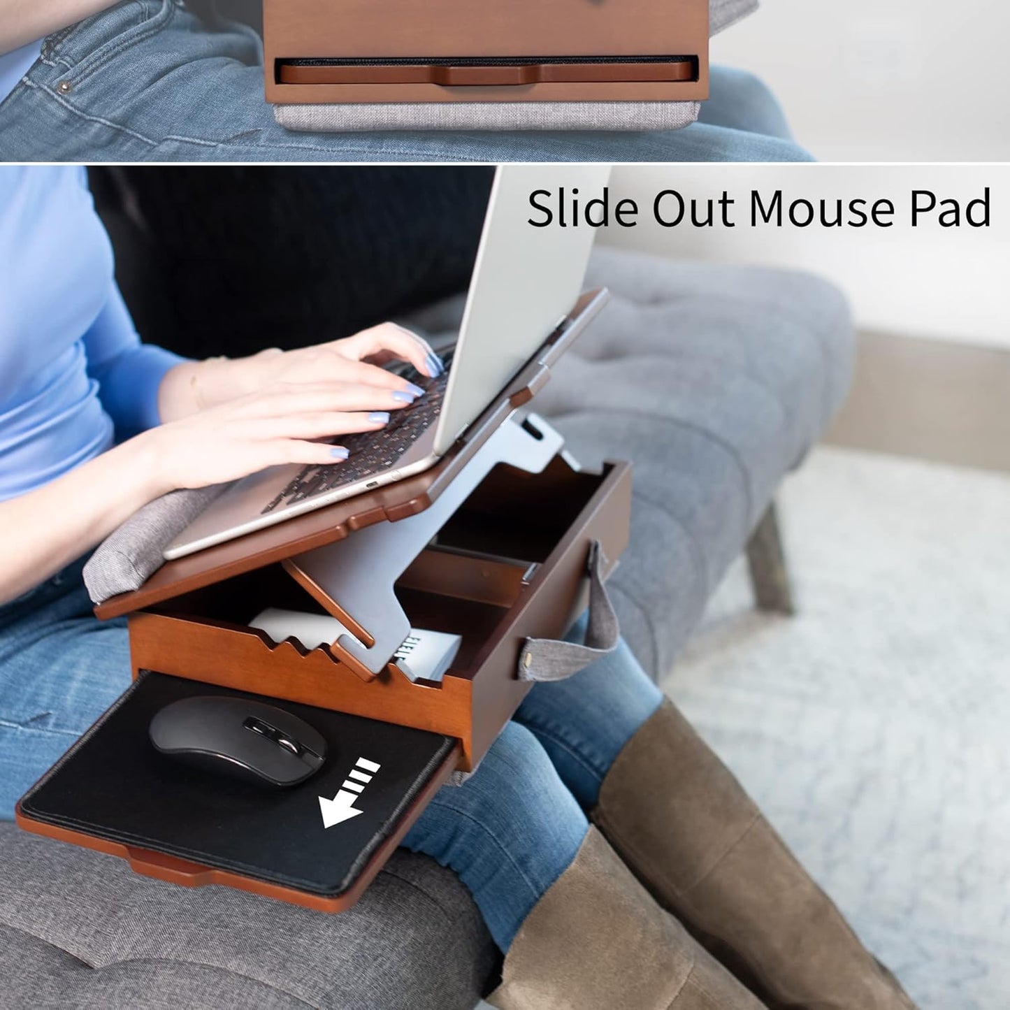Wooden Tilting Lap Desk for Writing, Drawing, Laptop Work, and More, Height Adjustable Compact Table with Slide-Out Mouse Pad, Internal Storage, Wrist Support, Dark Wood, SX-LAPD-1