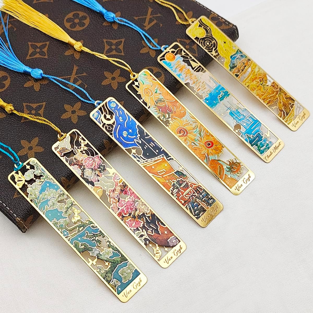 6 Pcs Metal Bookmark with Tassels, FineGood Golden Hollow Bookmarks for Women Oil Painting Book Marks for Reading Book Lovers