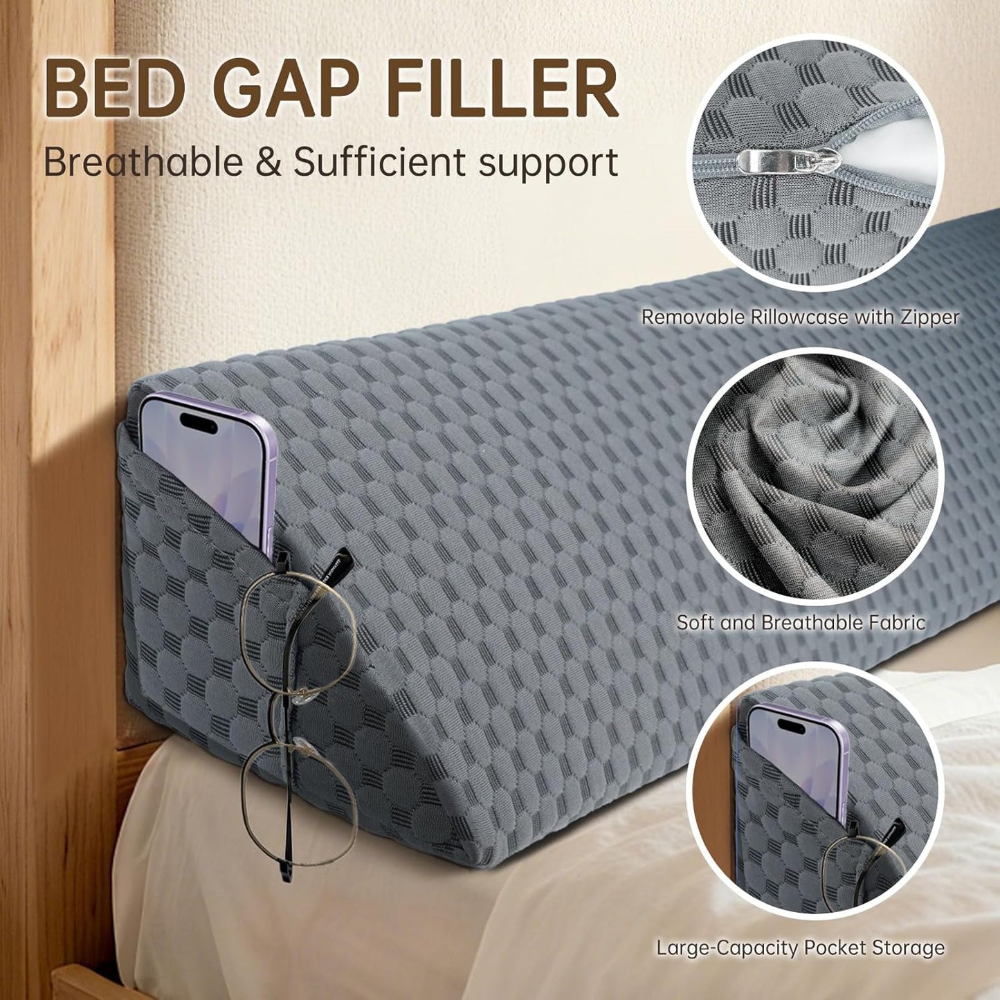 Queen Size (60"x6"x8") Bed Wedge Pillow for Headboard Mattress Gap Filler (0-6") for College Dorm Sleeping, Dark Gray
