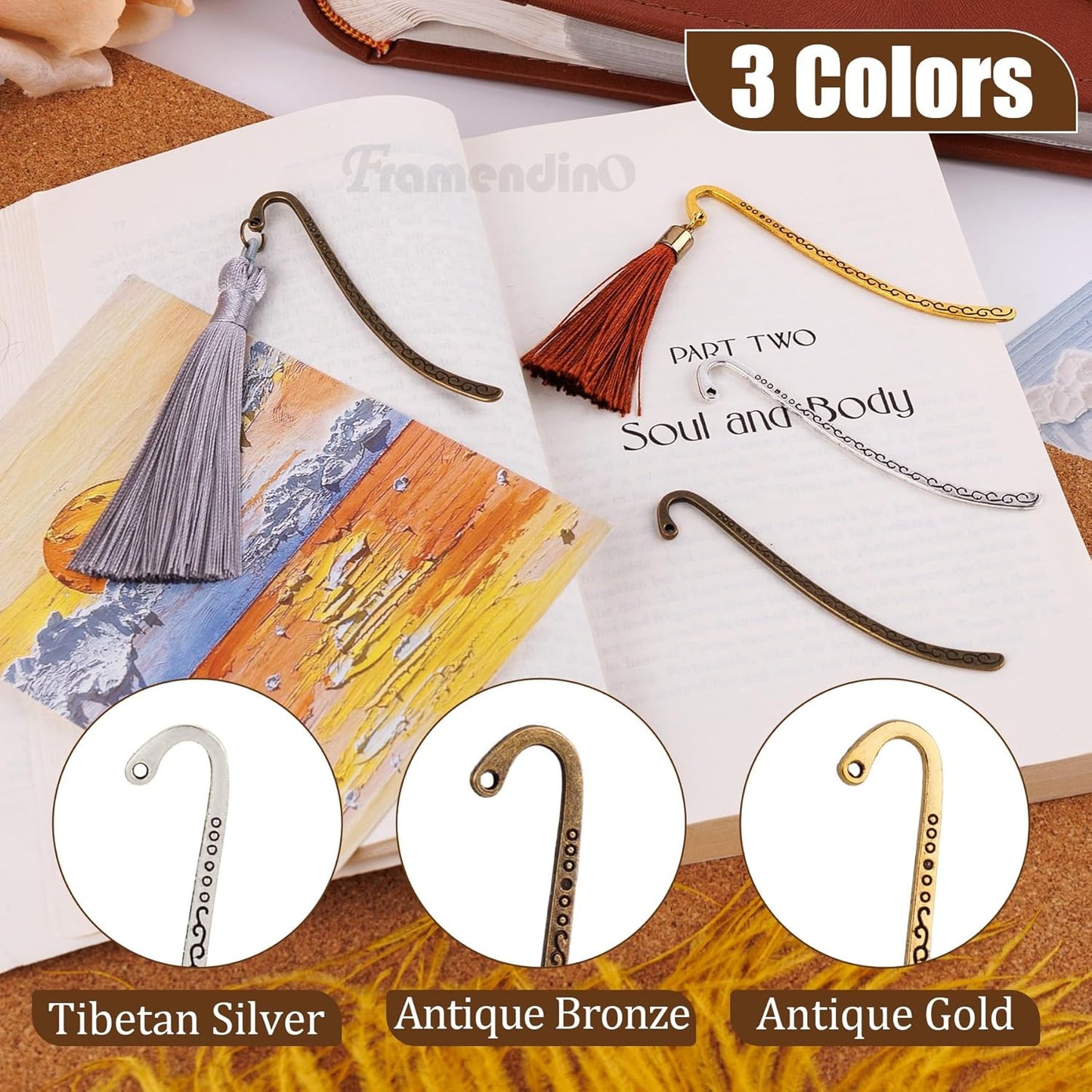 Framendino, 60 Pieces Alloy Bookmark Hook Retro Silver Metal Carving Book Marks with Tibetan DIY for Teacher Reading Enthusiasts
