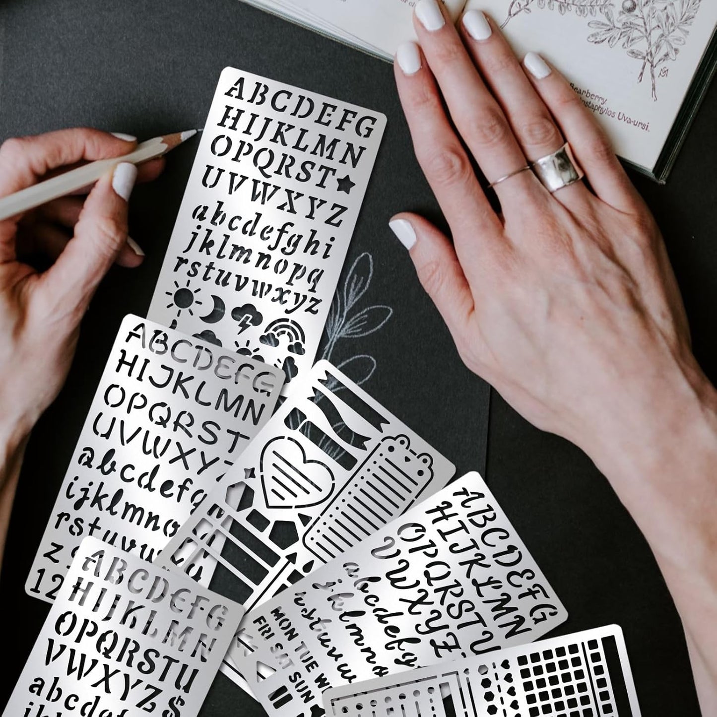 INFUNLY 6PCS Letter Number Metal Stencils Stainless Steel Metal Alphabet Stencil 5.5x3.15 Calendar Engraved Journal Stencil for Engraving Painting Drawing Scrapbooking Bookmark Craft DIY