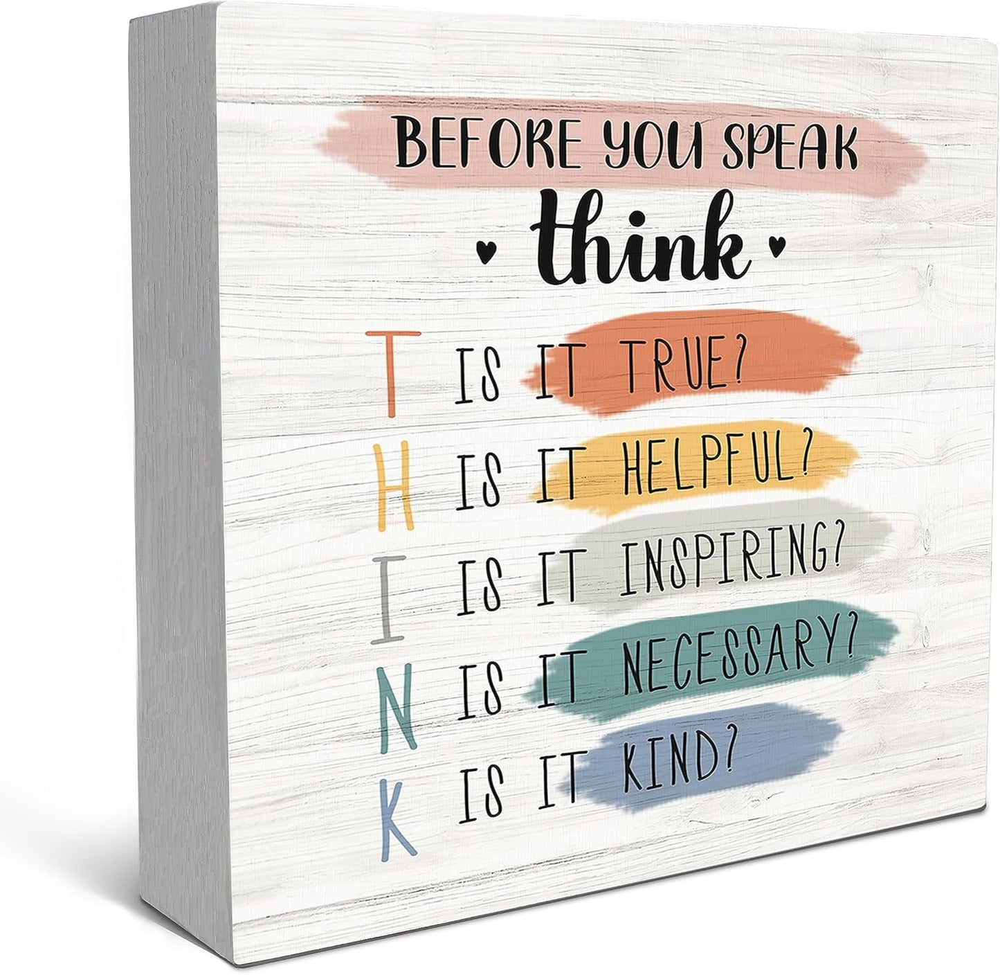 SRADMO Classroom Decor,Before You Speak Think Wood Box Sign Desk Decor,Inspirational Wooden Block Box Sign Decoration For Classroom Therapy Office School Counseling Office Shelf Table Decor