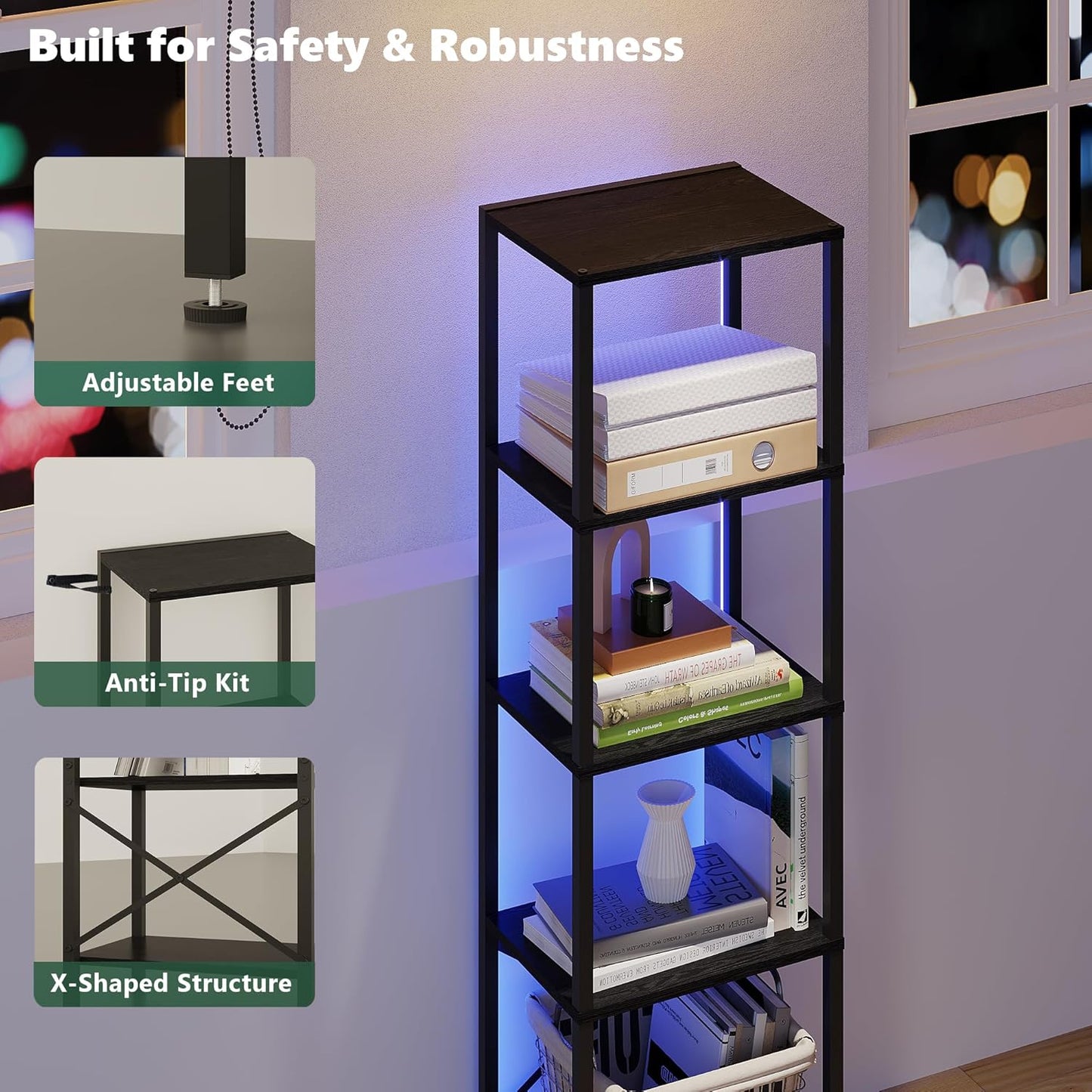 5-Tier Bookshelf, Tall Narrow Bookcase with LED Lights, Book Shelf with Steel Frame, Display Storage Shelf for Living Room, Bedroom, Home Office, Study, Balcony, Black