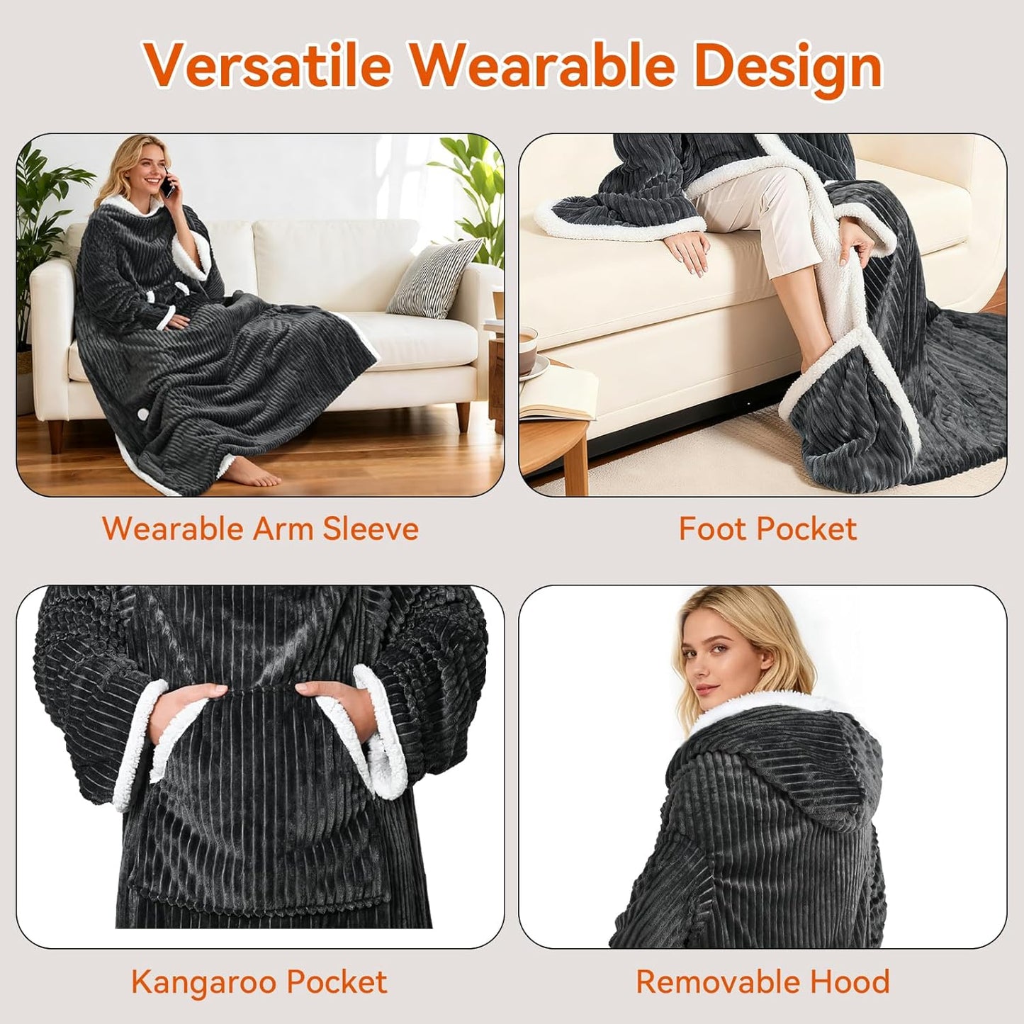 Electric Wearable Blanket with Foot Pocket, Heated Throw Blankets for Women, Snuggle Shawl Wraps with Sleeves