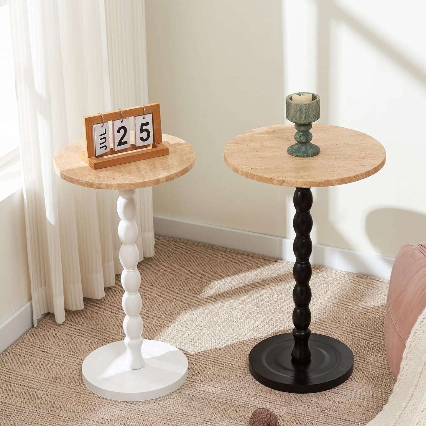 Round End Table, Modern Accent Table with Base, Marble Top & Solid Wood Legs for Living Room, Bedroom, Office (Pink,Big