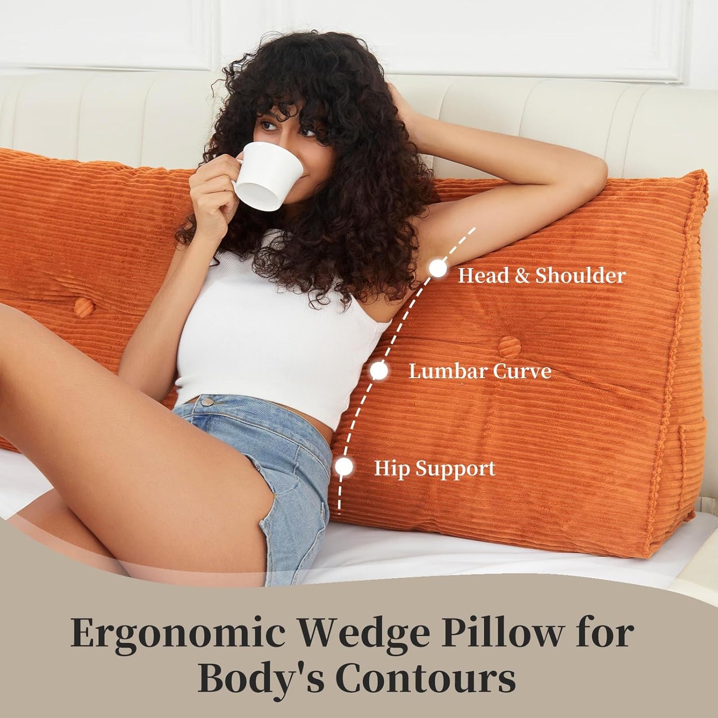 Triangular Headboard Corduroy Wedge Pillows for Sitting Up in Bed Rest Adult，Upholstered Reading Bolster Pillow for Daybed Sofa Couch Back Cushions Lumbar Body Support（Queen，Camel）