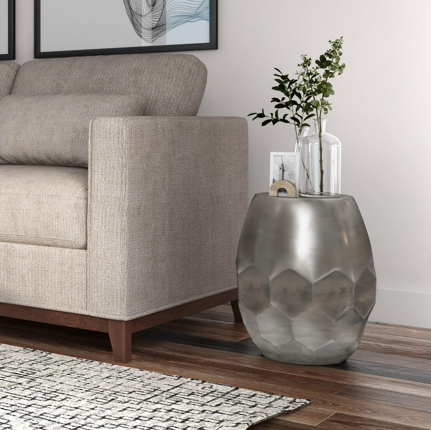 SIMPLIHOME Flanigan Metal Accent Table - 16 inch Wide Solid Metal Round Drum Side Table in Antique Silver, Industrial End Table or Coffee Table for Living Room with Honeycomb Design, Assembled