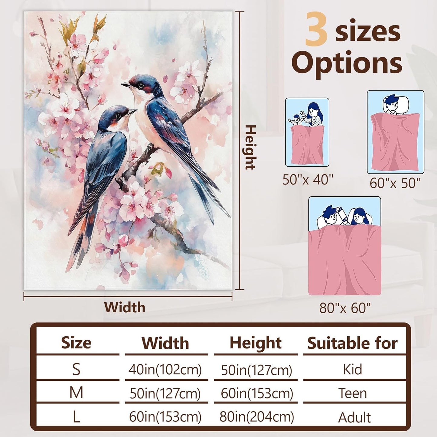 Cute Birds Fall Throw Blanket,Spring Flowers Cozy Plush Fluffy Blanket for Living Room Decor,Lightweight Fleece Throws for Couch,Bed,Traveling,Naps,Reading,50 X 60 Inch