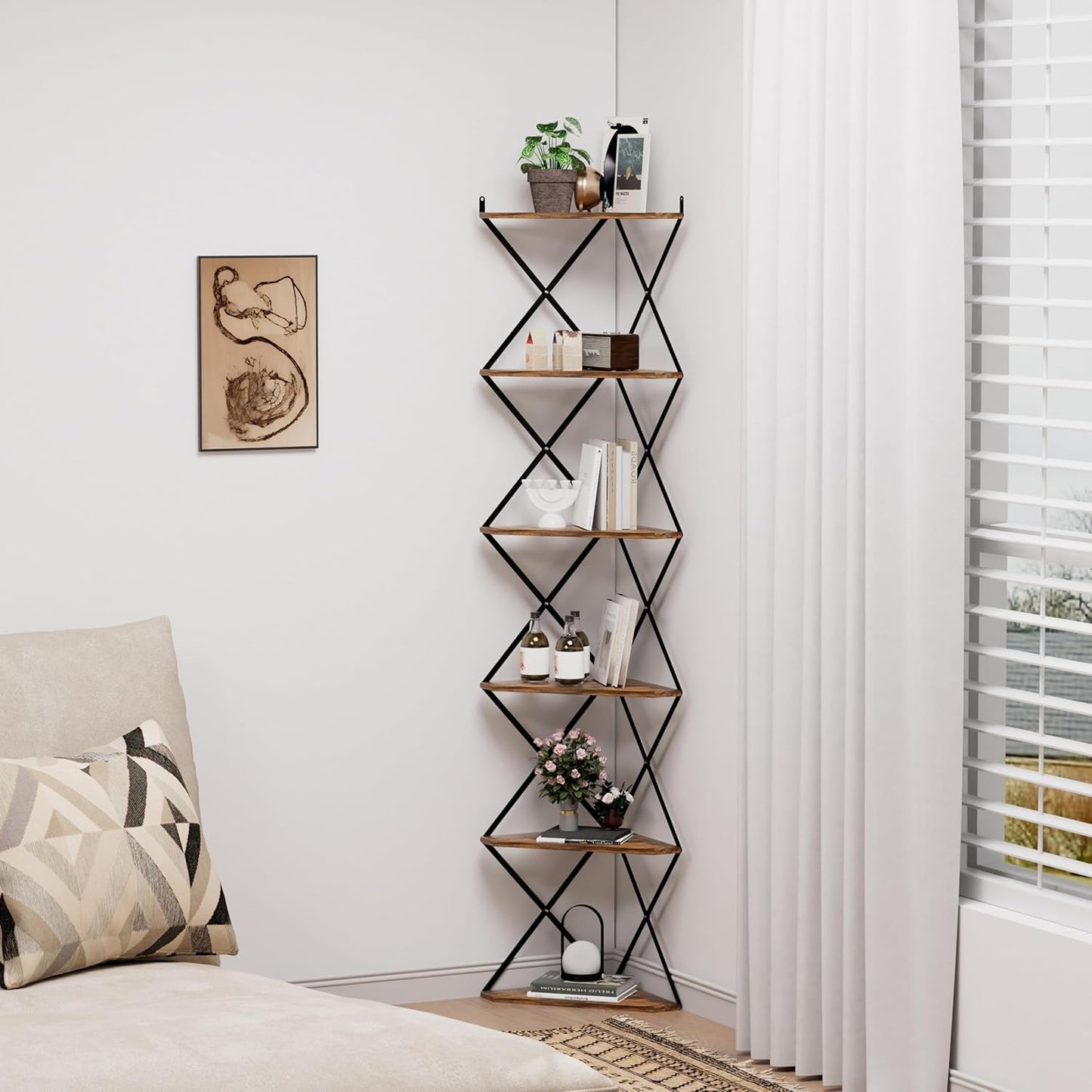6 Tier Wall Mounted Corner Shelf Stand, Industrial Corner Bookshelf with X Metal Frame, Tall Standing Shelf Organizer, Bookcase, Plant Stand for Living Room, Bedroom Rustic Brown CS-006RB