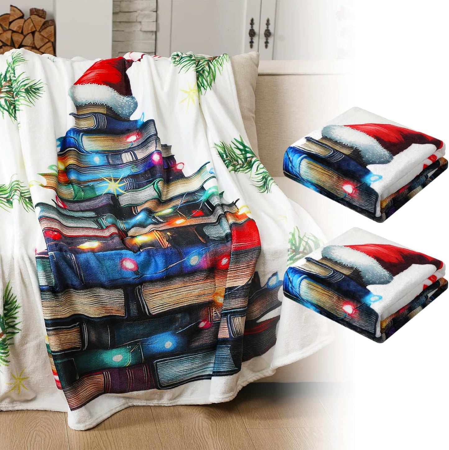 Lounsweer 2 Pcs Christmas Book Lovers Gifts 60" x 50" Reading Throw Blanket for Women Book Tree Flannel Blanket Xmas Winter Party Presents for Men Readers Bookworm Librarian Birthday Graduation