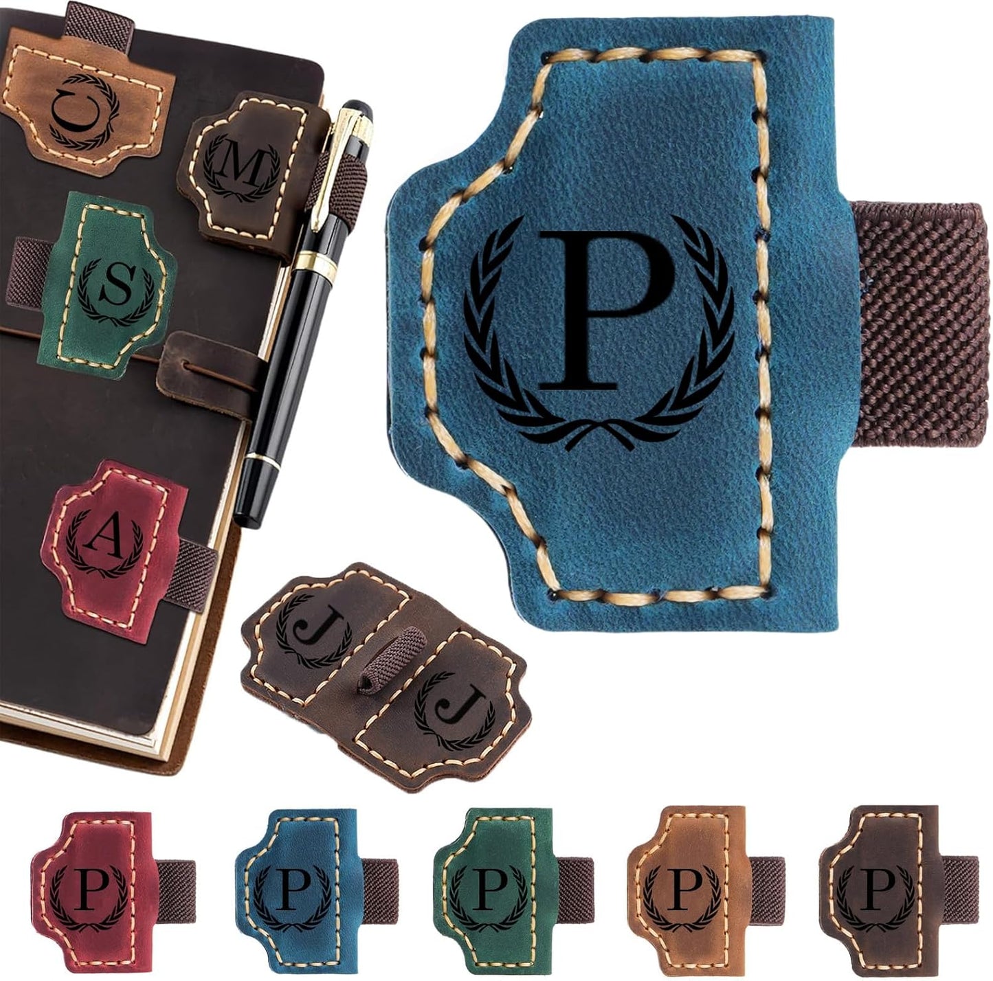 Artlaza Personalized Magnetic Leather Bookmark with Pen Holder - 26 Letters Custom Book Mark with Name Initial Engraved Book Marker for Readers, Book Lovers, Travelers - Gift for Women & Men(Blue，P