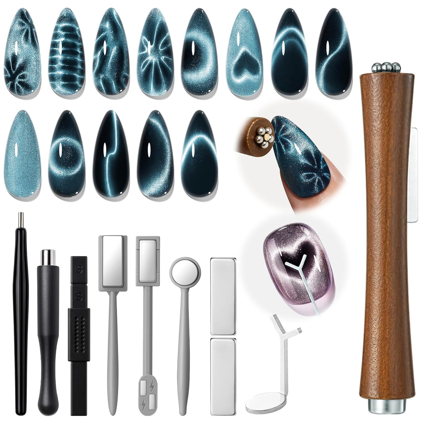 modelones Cat Eye Magnet Set for Nails, Heart Cateye Powerful 3 IN One Magnetic Pen Nail Design Square Double Head Round Magnets Tool Glassy Moon French Flower Cats Eye Effect Manicure DIY Gift