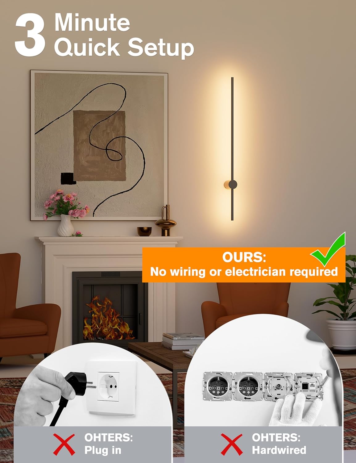 Battery Operated Wall Sconces Set of 2,10000mAh Rechargeable Wireless Sconces with Remote Control,Dimmable Wall Lamps with 7 Colors,35.4 Inch Modern Black Wall Lights for Bedroom, Living Room