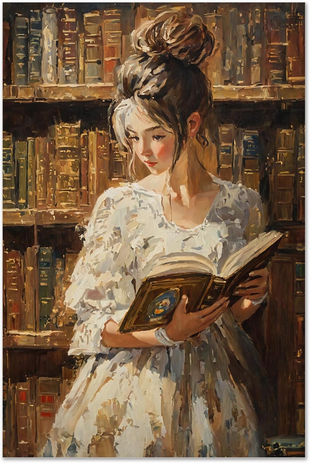 Aozomo Woman in Library Oil Painting Wall Art Vintage Style Oil Painting Canvas Print Female Portrait Oil Painting Pictures Prints Wall Decor Aesthetic Poster (12x18in,A-Unframed)