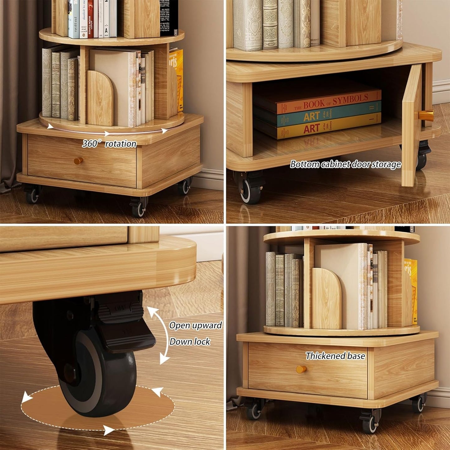 Mobile Bookshelf with Wheels and Drawers 5 Tier Wooden Bookcase Corner Tall Book Shelf Modern Wooden Rotating Bookcase Shelves Floor Freestanding for Living Room Corner Easy Assemble (Color : Wood co