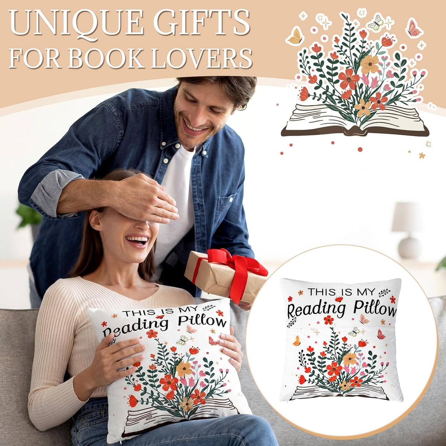 18 x 18 Inch Pocket Pillow This is My Reading Pillow with Flower Bookish Gifts for Book Lovers, Bookworm Librarian Gifts for Office Sofa Couch or Cozy Corner(Reading Style)