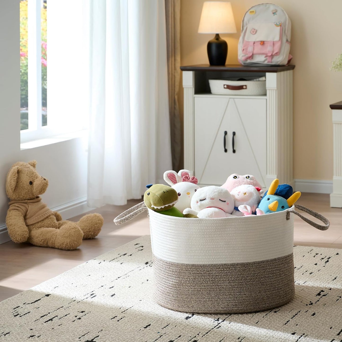 Luxury Little XXXL Nursery Storage Basket, 22 x 22 x 14 inches - 100% Cotton Rope Baskets with Handles, Laundry Basket for Toys, Blankets and Pillows - Off White & Beige