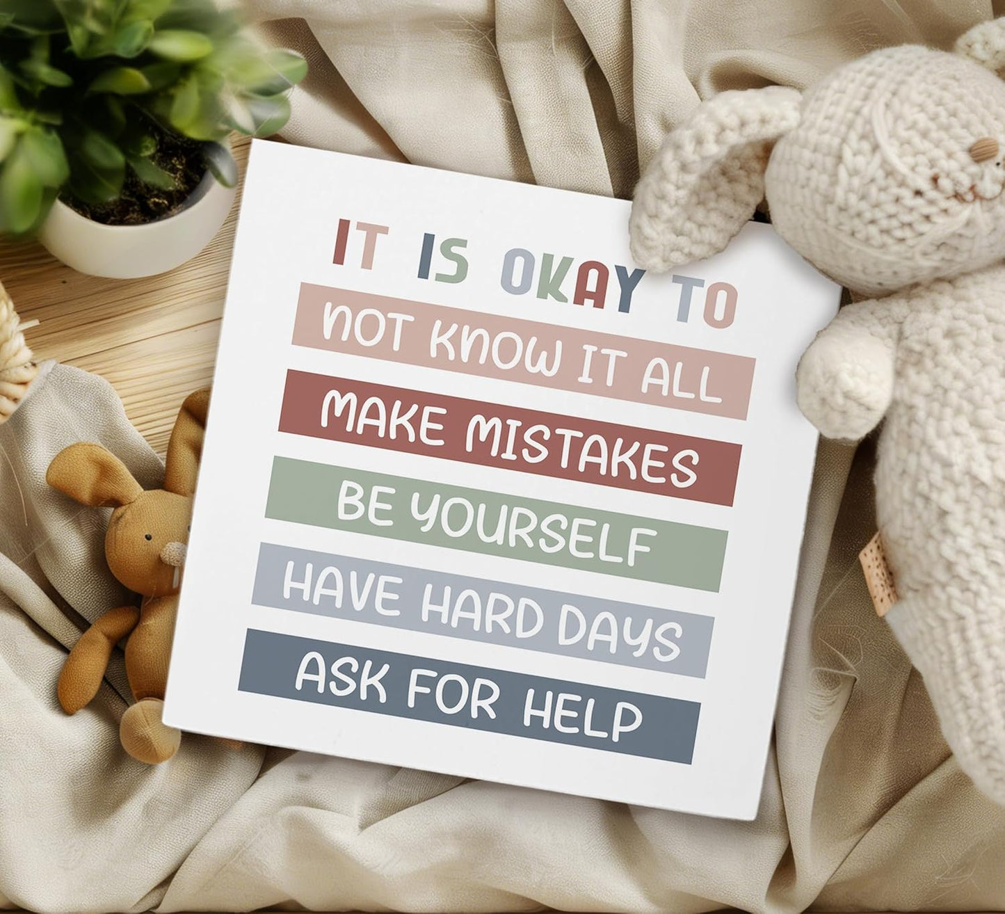 Ku-Dayi It is Okay To Mental Health Wooden Box Sign, Inspirational Boho Teacher Office Classroom School Therapy Reading Corner Wall Shelf Table Wooden Block Plaques Desk Decor Accents 8x8 Inch