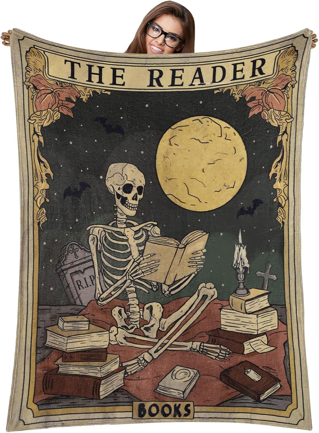Book Lovers Gifts Throw Blanket 60 x 50 Inch Reader Blankets Book Club Horror Gifts Basket Stuffers for Women Bookworm Bookish Librarian Reading Basket(Skeleton)