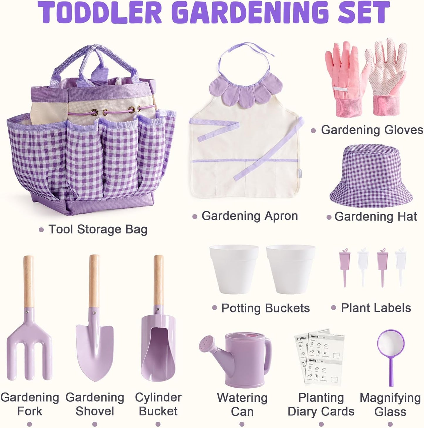 ROBOTIME Kids Gardening Set, 17PCS Toddler Gardening Tools, Toddler Gardening Set with Apron, Hat, Gloves, Watering Can & Tool Bag – Outdoor Play Garden Kit for Kids for Hands-On Learning (Purple )