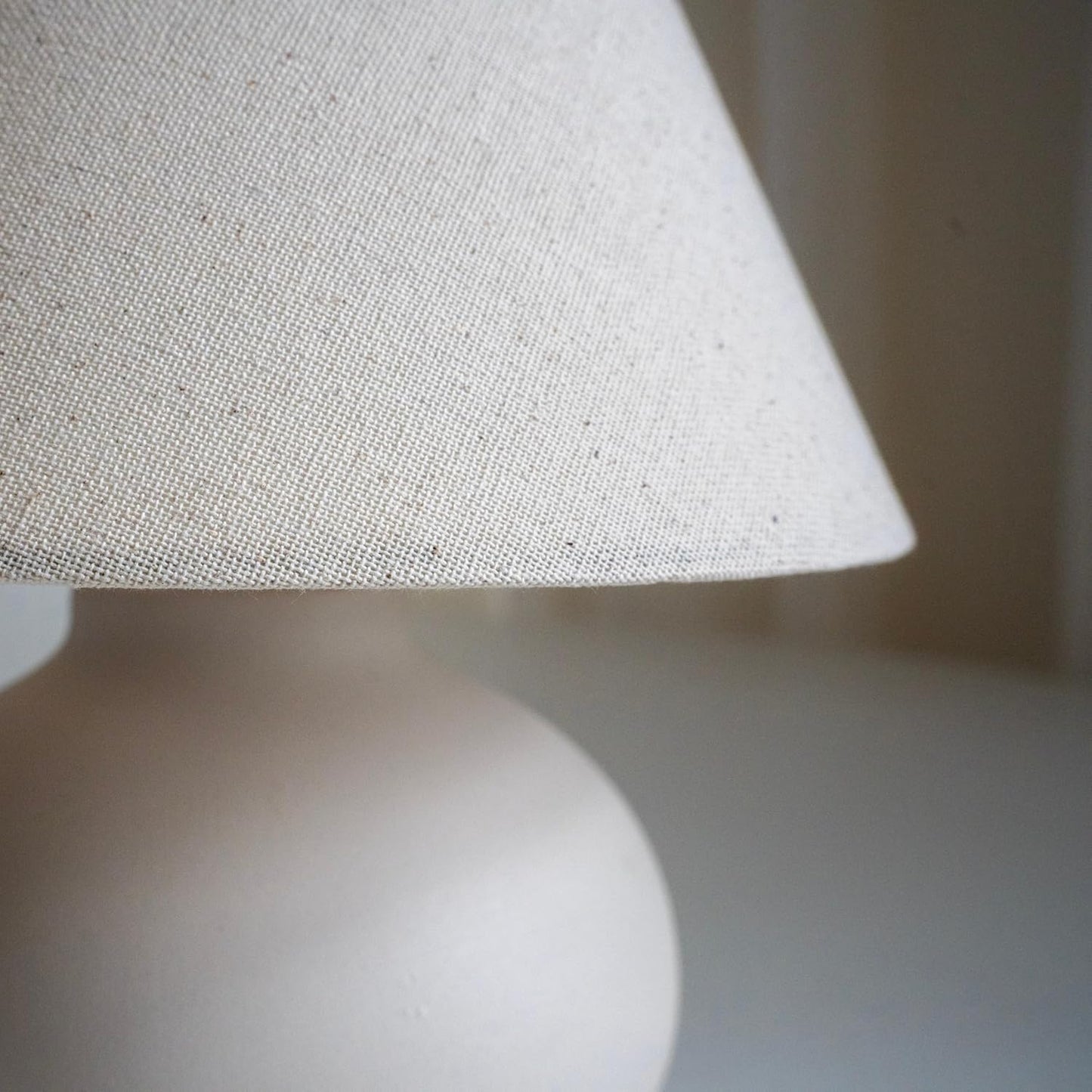 11" Small Table Lamp – Handmade Round Ceramic Cream Base with Off-White Fabric Shade, Dimmable Plug-in Nightstand or Accent Light – Organic Boho Japandi Decor for Bedroom or Small Spaces