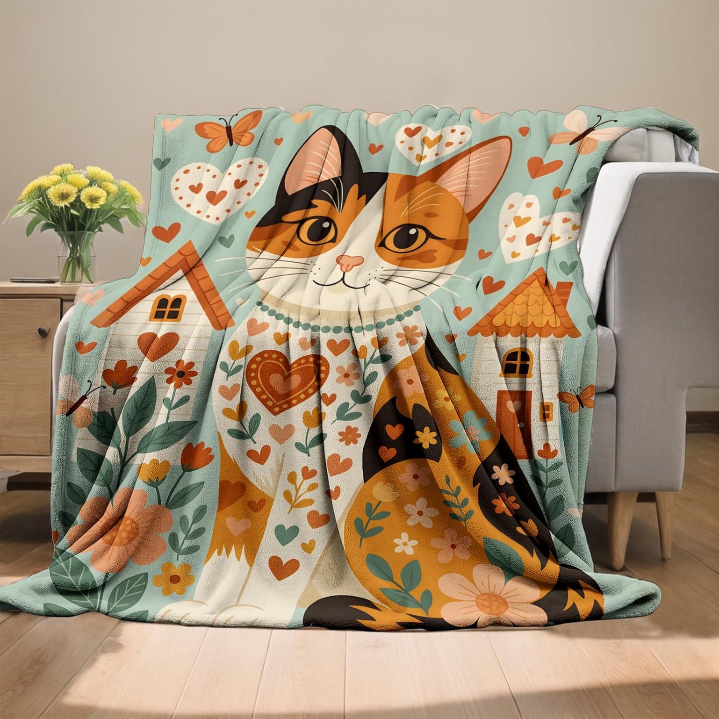 Whimsical Cat Blanket, Flannel Throw Blanket Soft Cozy Lightweight Blankets for Adults Women Kids Home Decor for Sofa Couch Bed 60x50 Inch