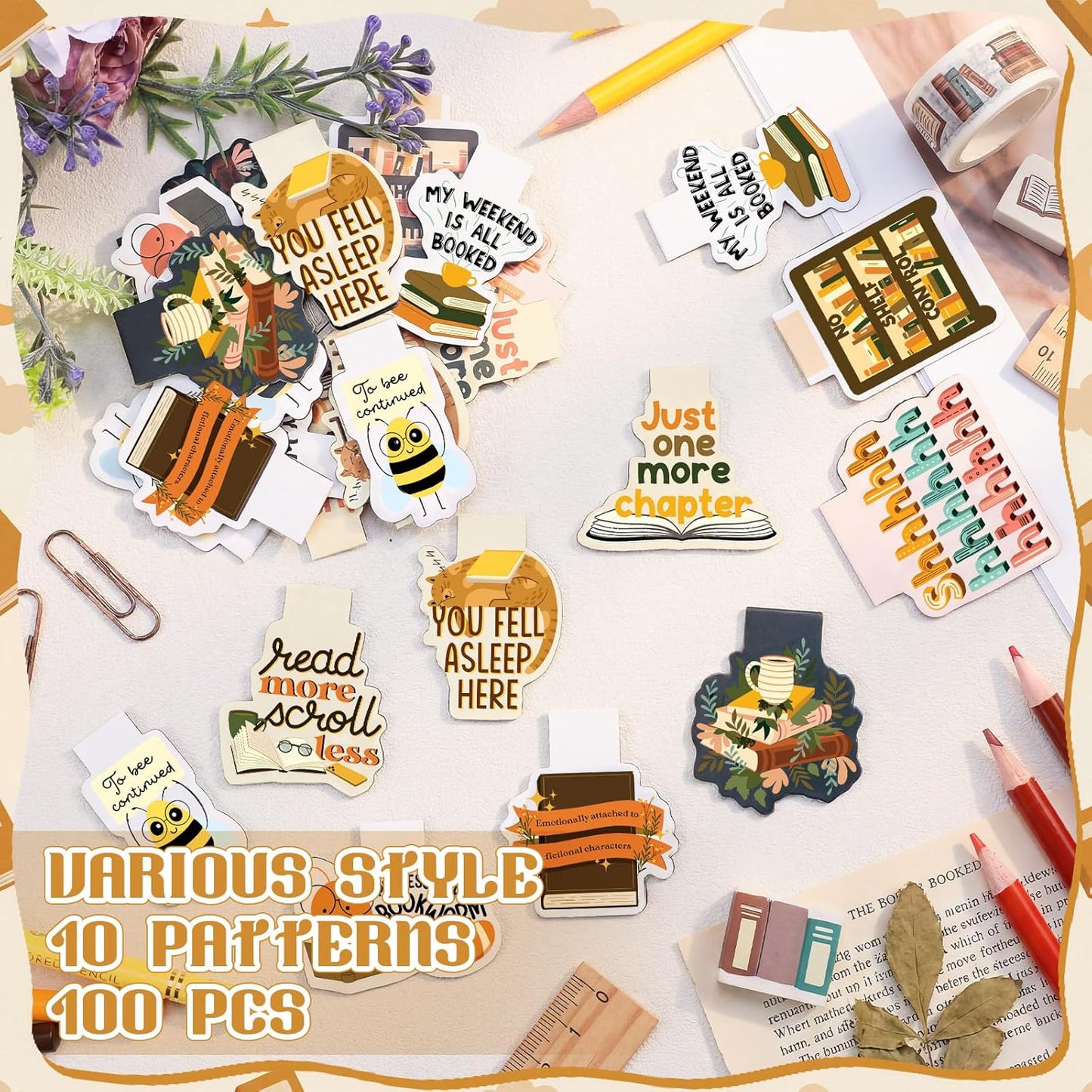 Ctosree 100 Pcs Funny Reading Magnetic Bookmarks for Women Booklovers Cute Cat Bookworm Bookshelf Magnetic Book Marks Page Clip Gift for Women Book Club Students Teacher Office Adults Gifts