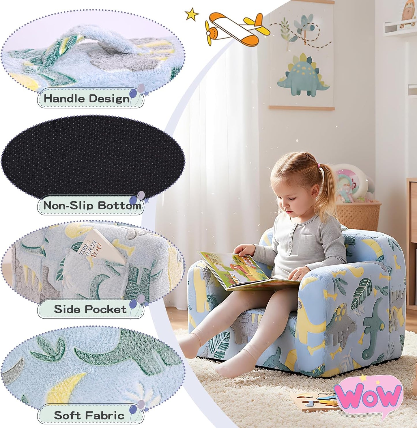 Tiita Kids Sofa, Childrens Couch with Carry Handle, Portable Toddler Foam Sofa Couch, Glow in The Dark Nursery Kids Couch, Lightweight Kids Chair for Playroom, Dorm Room, Small Space, Grey Dinosaur