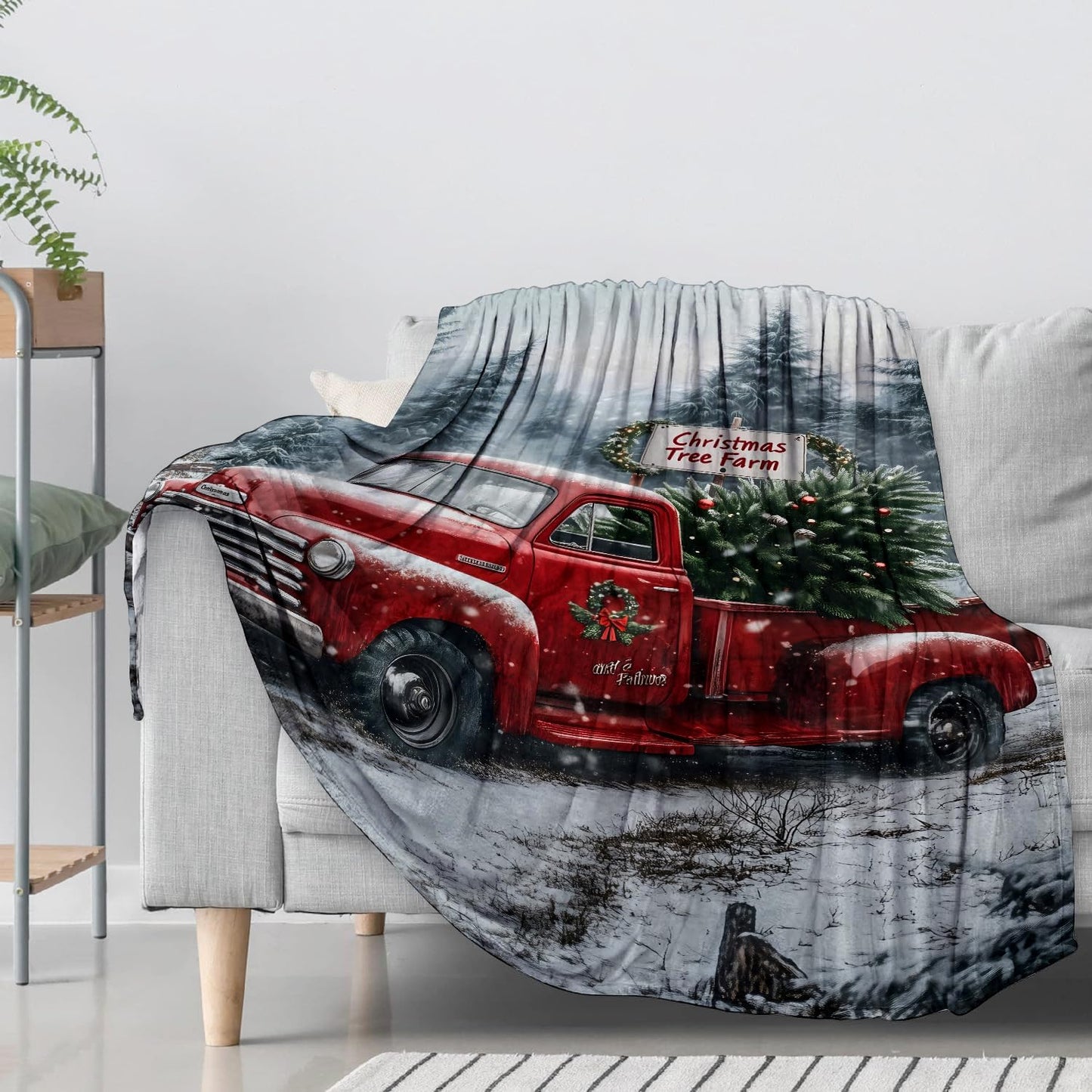 Holiday Truck Flannel Throw Blanket 50x60 Inch, Red Vintage Car with Christmas Tree in Snowy Forest Blankets Soft Cozy Fleece Throws for Adults Bed Sofa Dorm Living Room Winter Decor Gifts