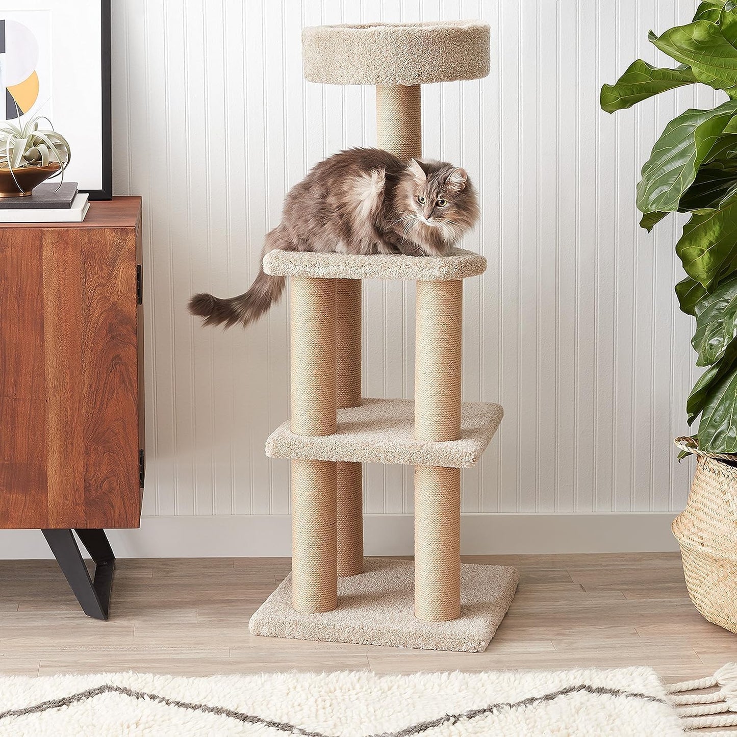 Amazon Basics Cat Tree Tower - Multi-Level Climbing Activity Center for Indoor Cats & Kittens with Scratching Posts, Platform, Jute Rope, Large (45.9"H), Beige