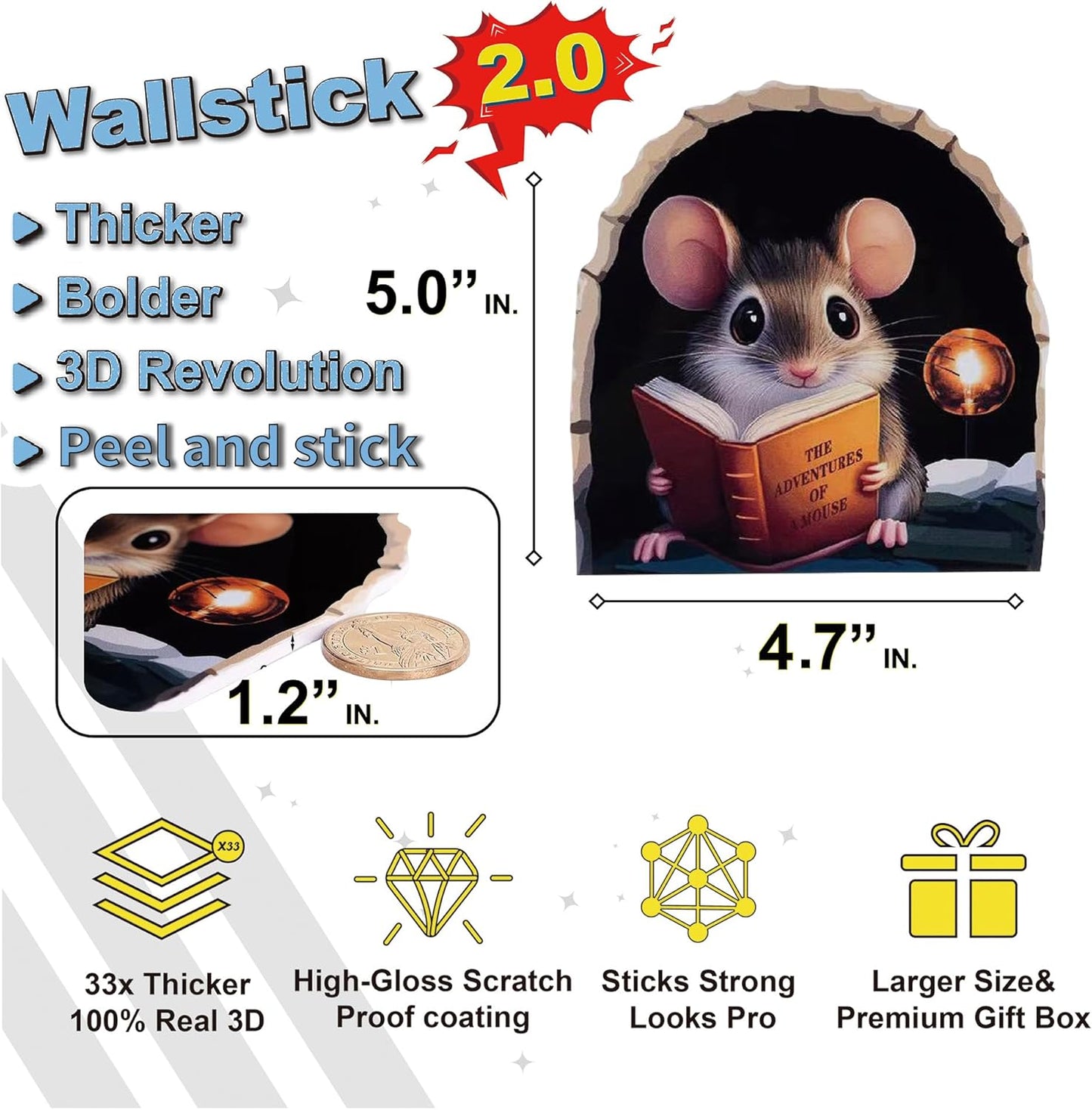 5PCS 3D Mouse Hole Wall Decals Peel and Stick Christmas Funny Whimsical Murals Wallpaper Art Decor Wall Stickers for Kids Room Door Playroom Stair Riser Bathroom Kitchen Nursery