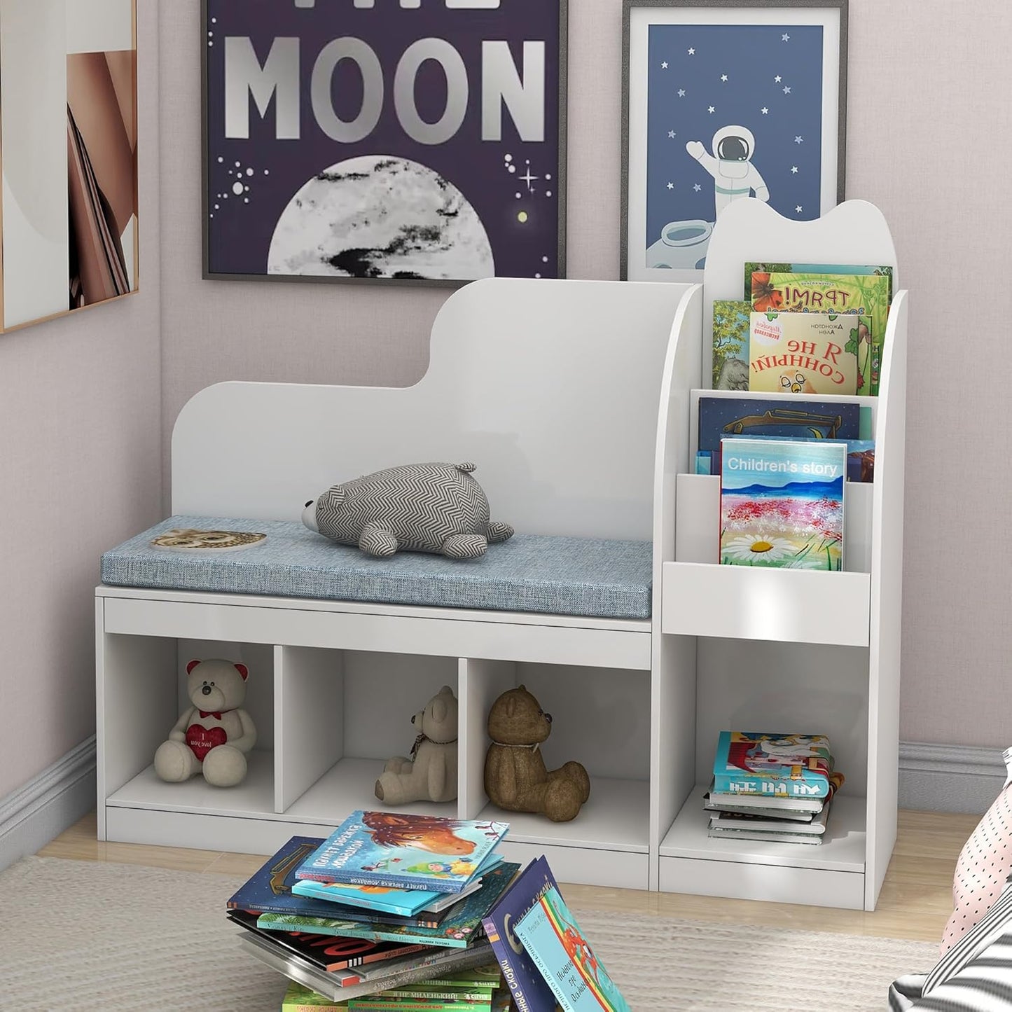 TaoHFE Reading Nook for Kids with 4 Storage Cubes and Cushion, Kid Bench with Kids Bookshelf and Toy Storage, Multifunctional Kids Reading Nook for Living Room, Kid Room, Nursery, White