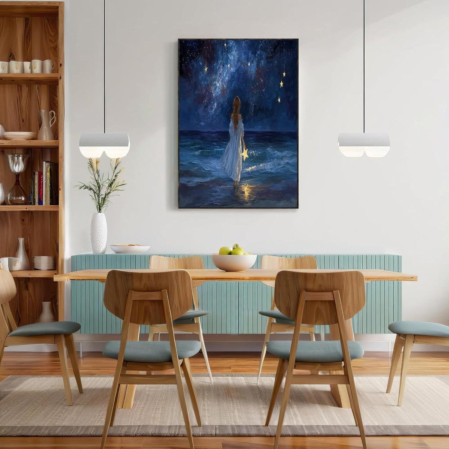 GDJSMIN Vast Starry Sky Wall Art, Beach Girl In White Poster for Reading Room Living Room Decor 24 x 36 inch Unframed