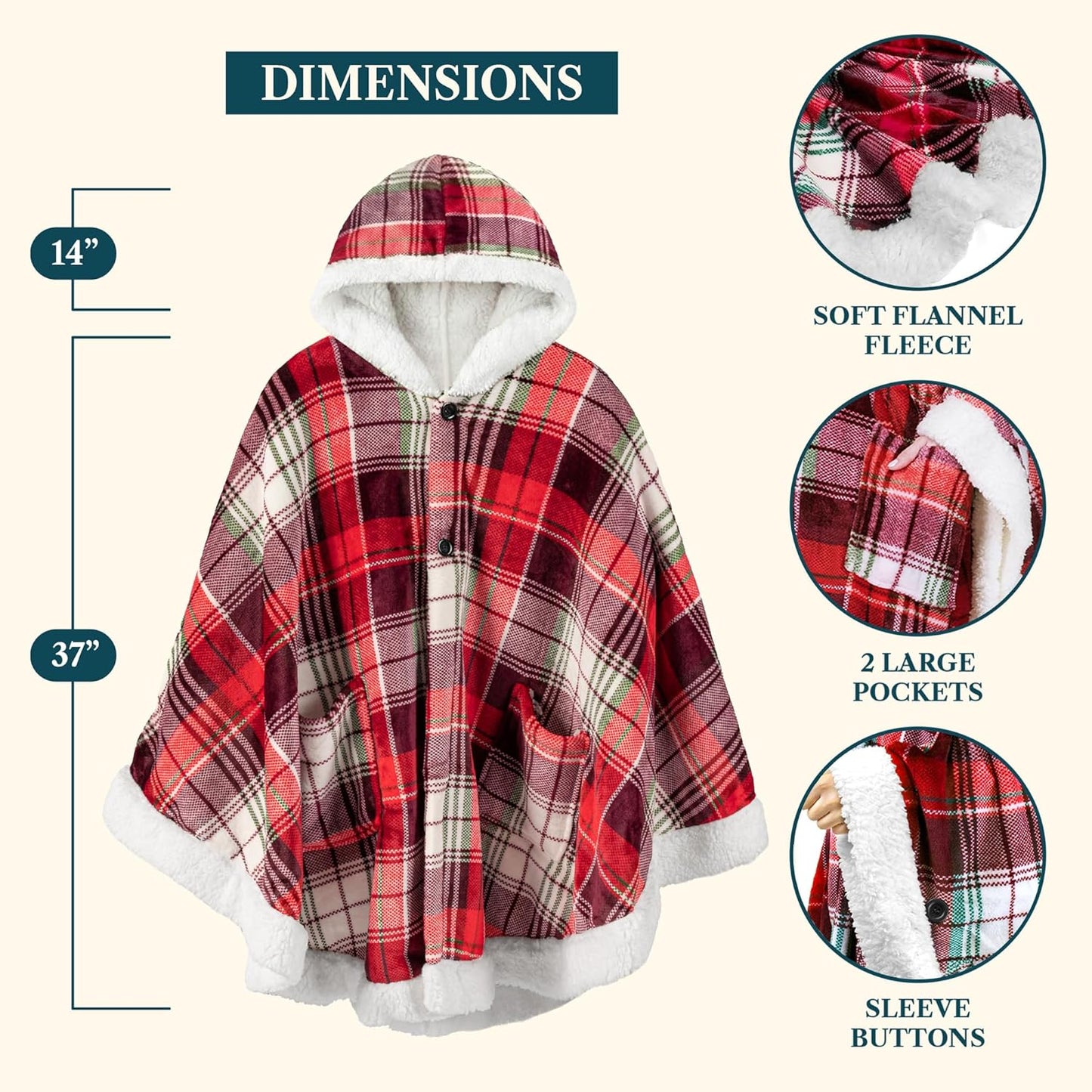 PAVILIA Sherpa Fleece Wearable Blanket for Adult Women, Cozy Plush Blanket Poncho Cape with Hood, Super Soft Shawl, Angel Wrap Throw for Office, Tartan Plaid