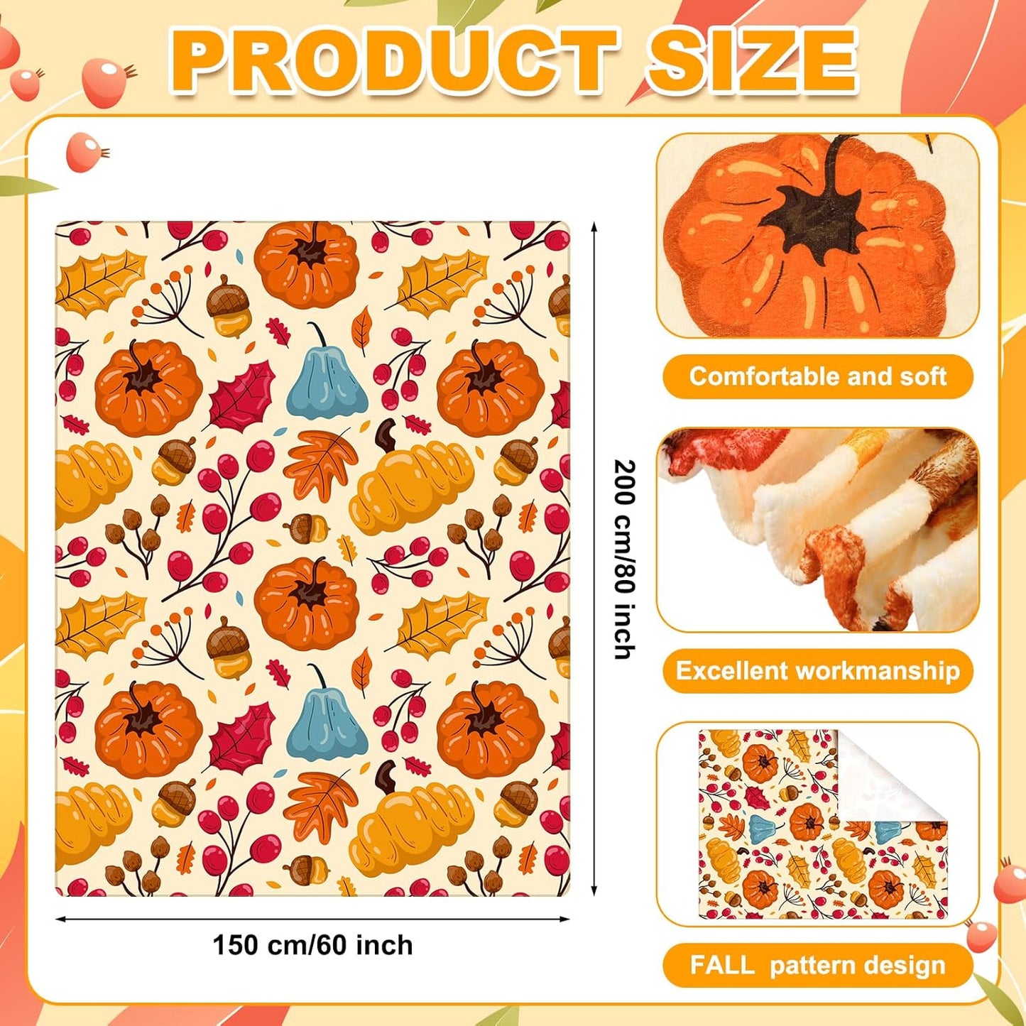 2 Pcs Large Thanksgiving Fall Blankets Pumpkins Orange Maple Leaf Soft Warm Plush Throw Fleece Cozy Lightweight Flannel Blankets for Living Room Couch Bed Chair Dorm Outdoor, 60"x80"