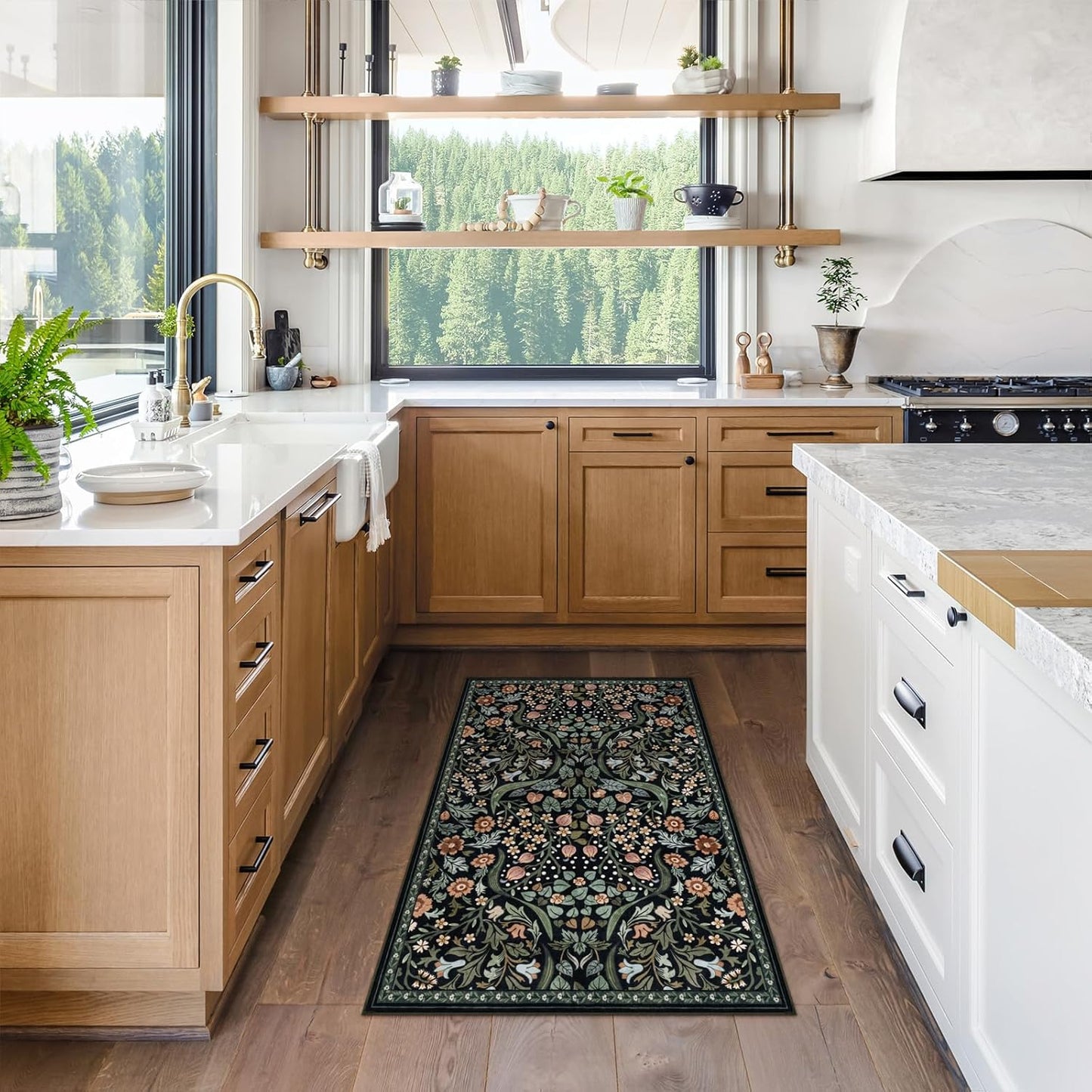 Moynesa Floral 2x3 Entryway Rug, Washable Kitchen Rugs Non Slip Front Door Mat for Indoor Entrance, Boho Ultra Thin Small Rug Soft Botanical Throw Carpet for Bathroom Bedroom, Black