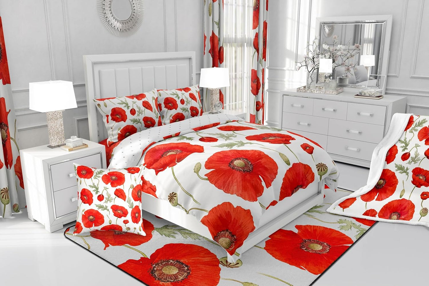 Feelyou Red Poppy Fuzzy Blanket Throw 50"x60" Floral Flower Blossom Printed Flannel Fleece Throw Blanket for Kids Boys Girls Decor Botanical All Season Bed Blanket Spring Garden Plush Blanket