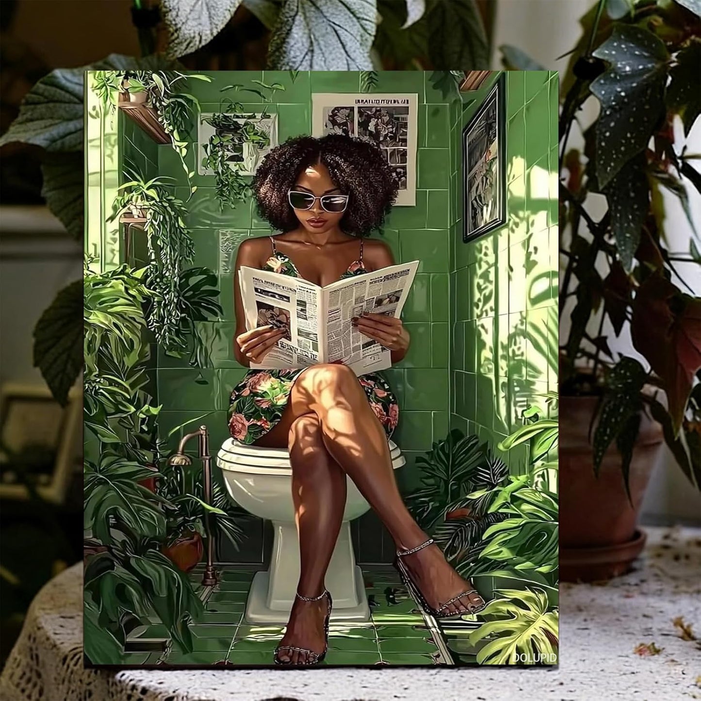 Black Art Prints, Black Woman Reading in Green Botanical Toilet Poster, African American Print, Stylish Aesthetics, Black Plant and Bathroom Print, Maximalist Bathroom Decor 8x10inch Framed