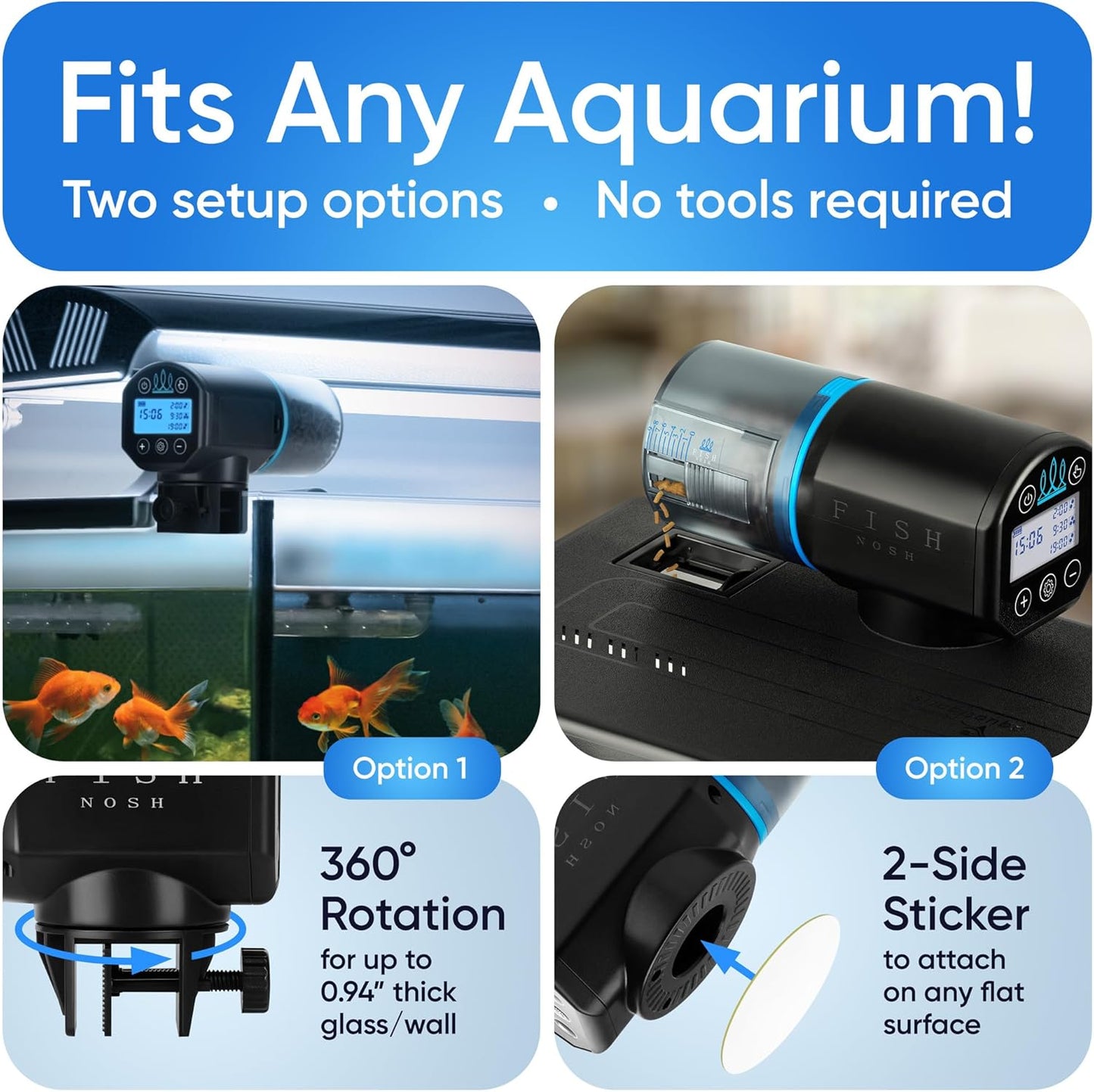 FISHNOSH Automatic Fish Feeder for Aquarium - New Generation 2026, Auto Food Dispenser with Timer for Small Tank, Big Aquariums & Pond (Blue)