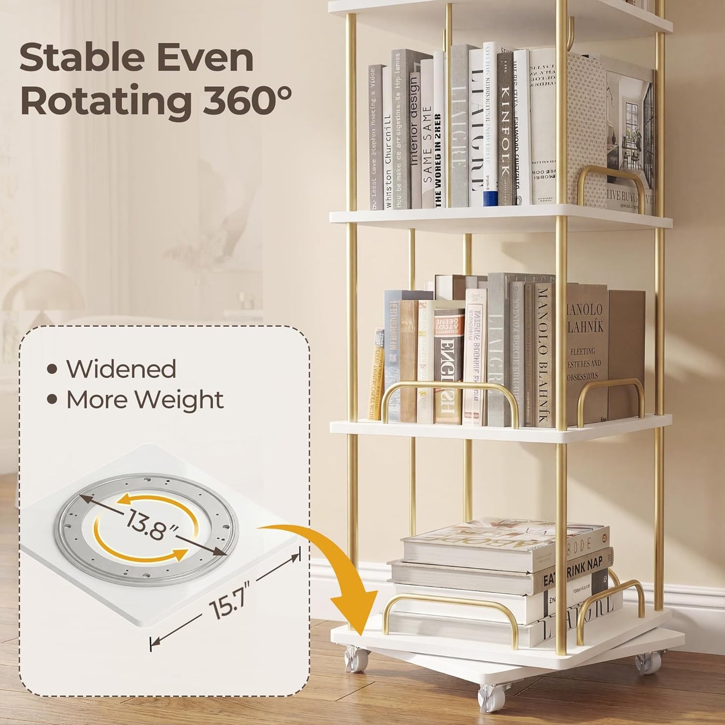 Rotating Bookshelf, 6 Tier Tall Skinny Revolving Bookcase Tower White Gold Modern Book Shelves Narrow Book Shelf with Wheels, 360° Floor Corner Spinning Bookcases for Living Room Bedroom