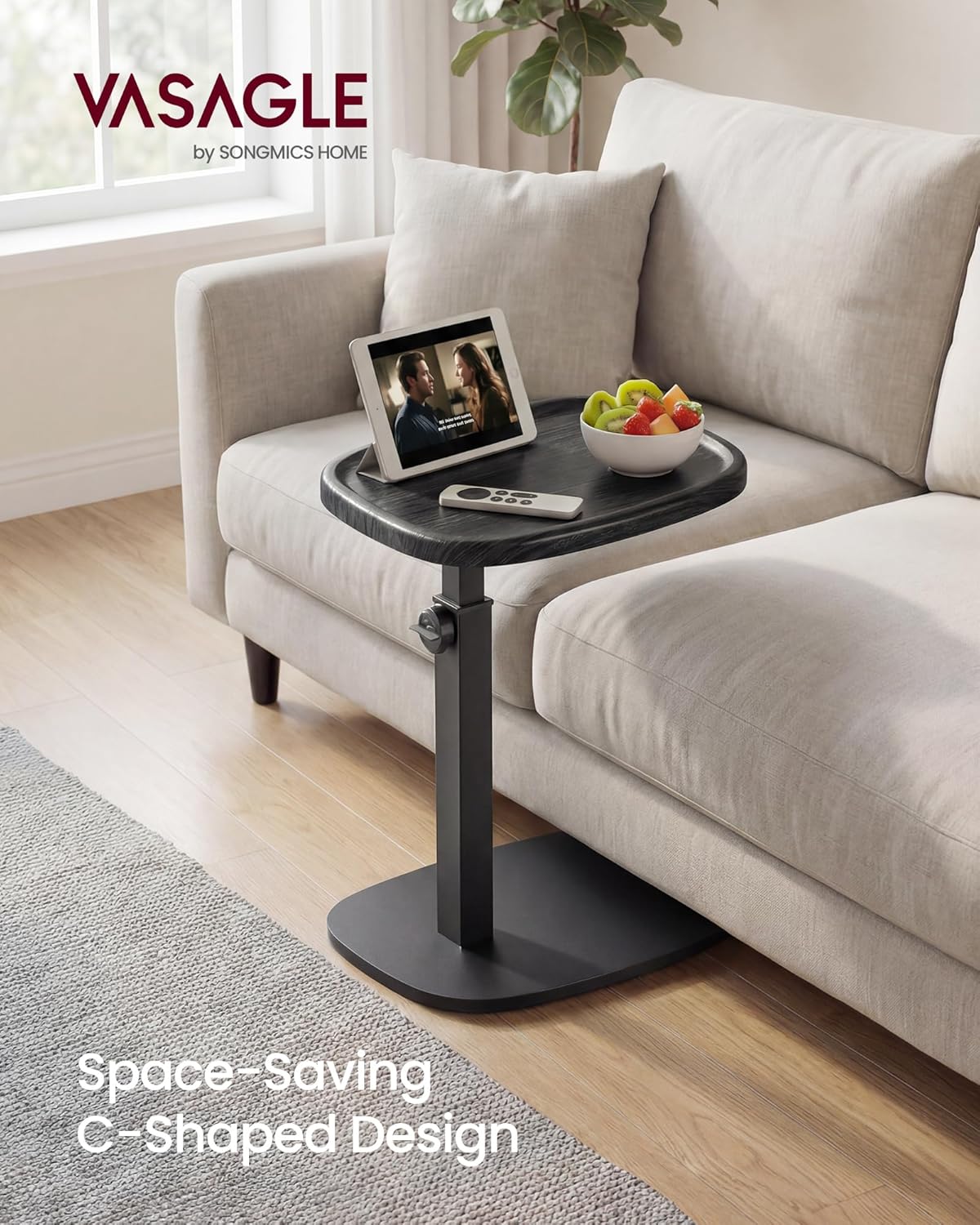 VASAGLE Couch Table, C-Shaped Sofa Side End Table, Bedside Table, Adjustable Height, for Small Spaces, 11.8 x 15.7 x 27.2 Inches, for Living Room, Bedroom, Ink Black ULET363B101