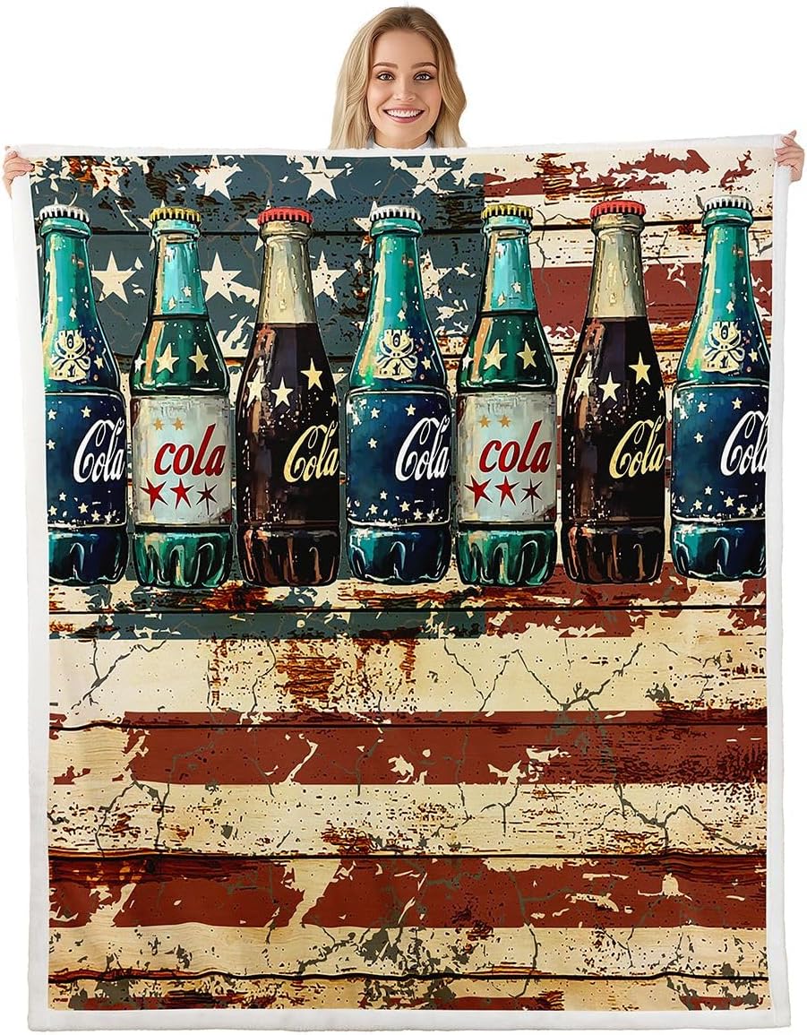 Feelyou Cola Throw Blanket American Flag Soft Fleece Sherpa Cozy Fuzzy Plush Warm Rustic Vintage Fuzzy Plush Throw Summer Drinks Throw 50"x60" for Bed Couch Living Room