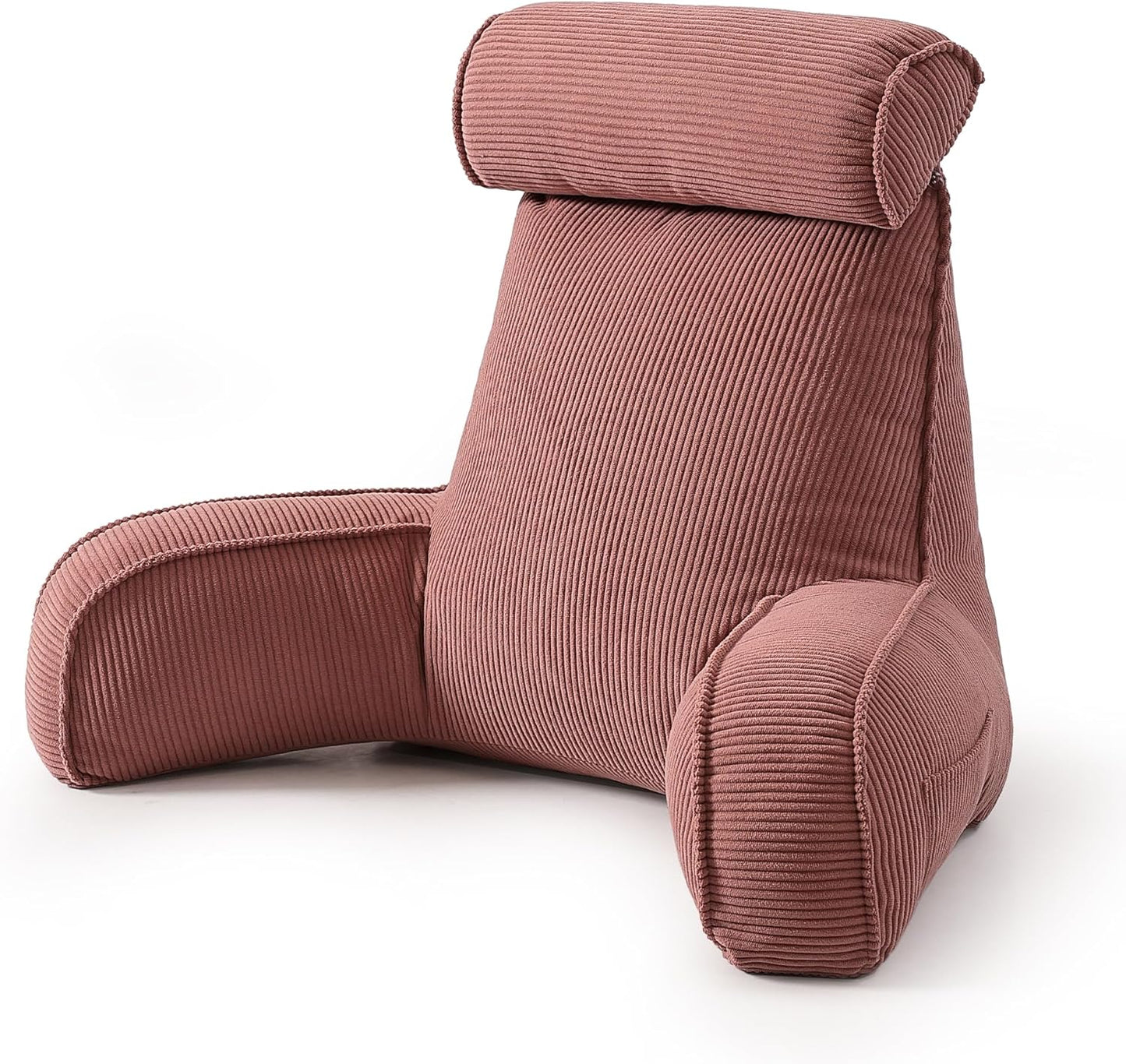 Corduroy Reading Pillow with Arms & Detachable Neck Roll, Bed Rest Back Support, Adult Cushion for Sitting Sofa & Floor, Side Pockets & Washable Cover, Brick Brown