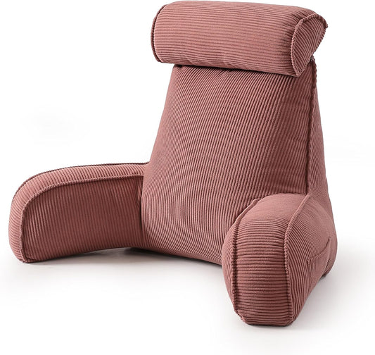Corduroy Reading Pillow with Arms & Detachable Neck Roll, Bed Rest Back Support, Adult Cushion for Sitting Sofa & Floor, Side Pockets & Washable Cover, Brick Brown