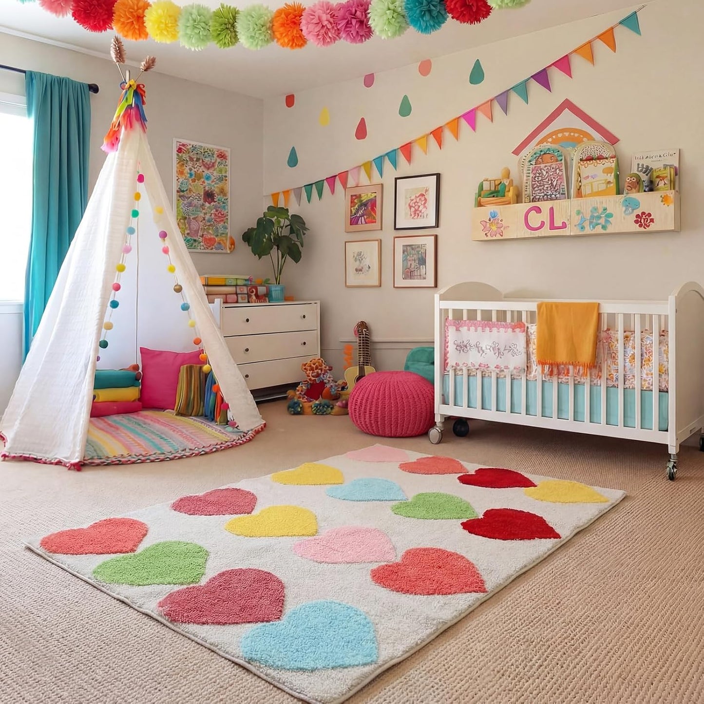 Nuanchu 3D Calm Corner Classroom Rug 3x5 ft Washable Calming Corner Rug Non-Slip Soft Fluffy Large Preppy Heart Area Rugs Motivational Space Floor Carpet for Nursery Playroom Reading Home Decor
