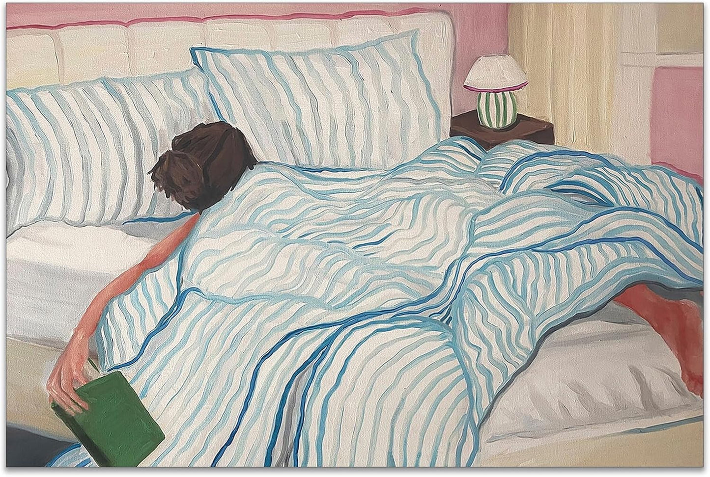 Vintage Serene Bedtime Reading Poster Person Relaxing in Bed with Book Canvas Wall Art Pastel Blue and Pink Aesthetic Prints Painting for Home Bedroom Dorm Wall Decor 12x16in Unframed