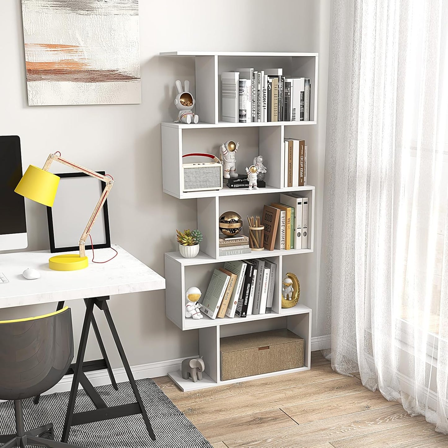 LOKO 5-Tier Bookshelf, S-Shaped Book Case with Anti-Toppling Device, Freestanding Home Organizer Room Divider Display Shelf, Open Storage Rack for Bedroom, Study (1, White)