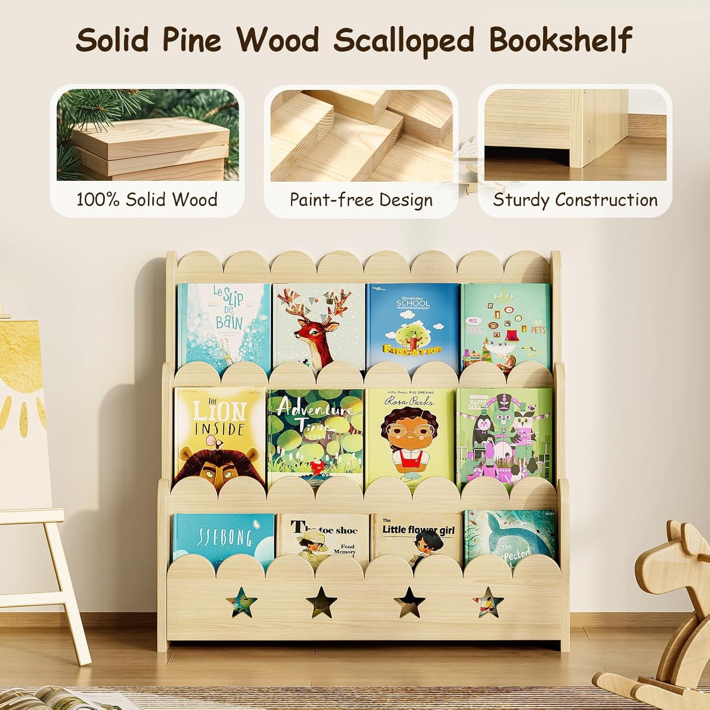 Scalloped Bookshelf for Kids, 3-Tier Front Facing Book Display Shelf, Solid Wood Montessori Bookcase Organizer for Bedroom, Nursery, Playroom & Classroom