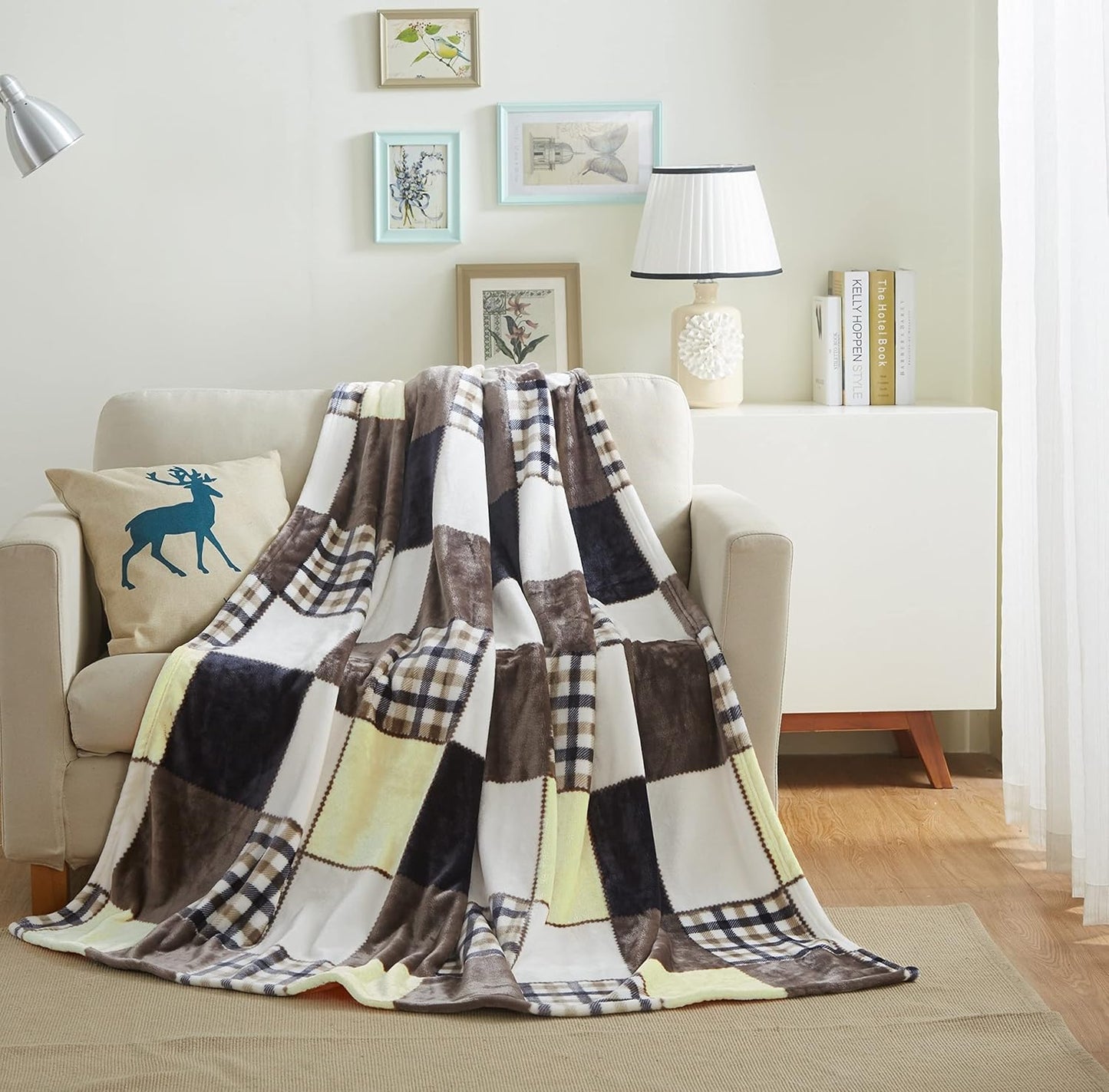 Tache Buttermilk Yellow Brown Farmhouse Super Soft Micro Fleece Plaid Patchwork Plush Lightweight Dual-Sided Decorative Couch, Sofa, Travel, Lap, Bed Easter Throw Blanket, 50x60