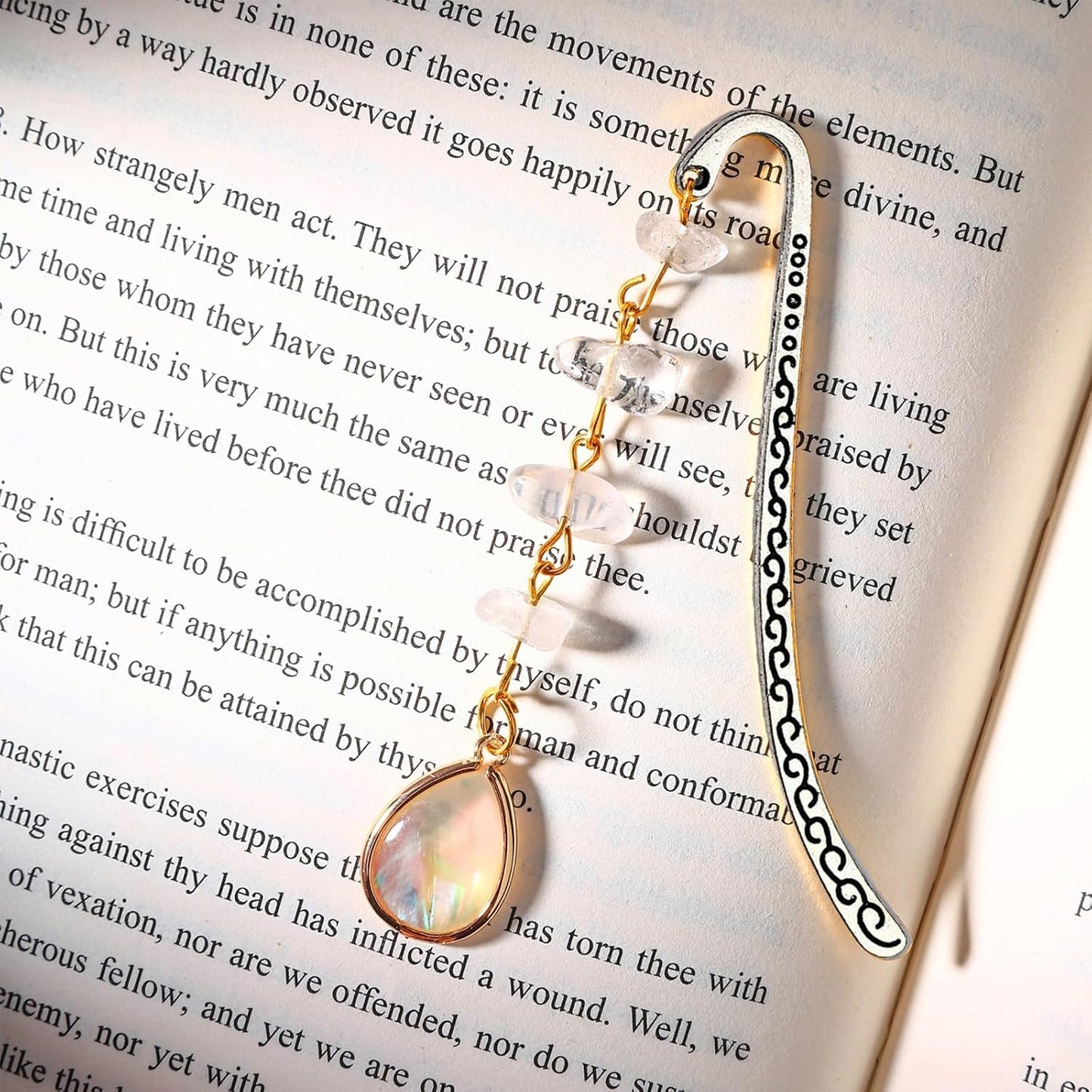 Vintage Metal Bookmark Pendant with Opal Drop Shell&Clear Quartz Crystal Stones Bead Chain-Elegant Opal Bookmarks for Women,Men,Book Lovers,Teachers and Girls(Silver)